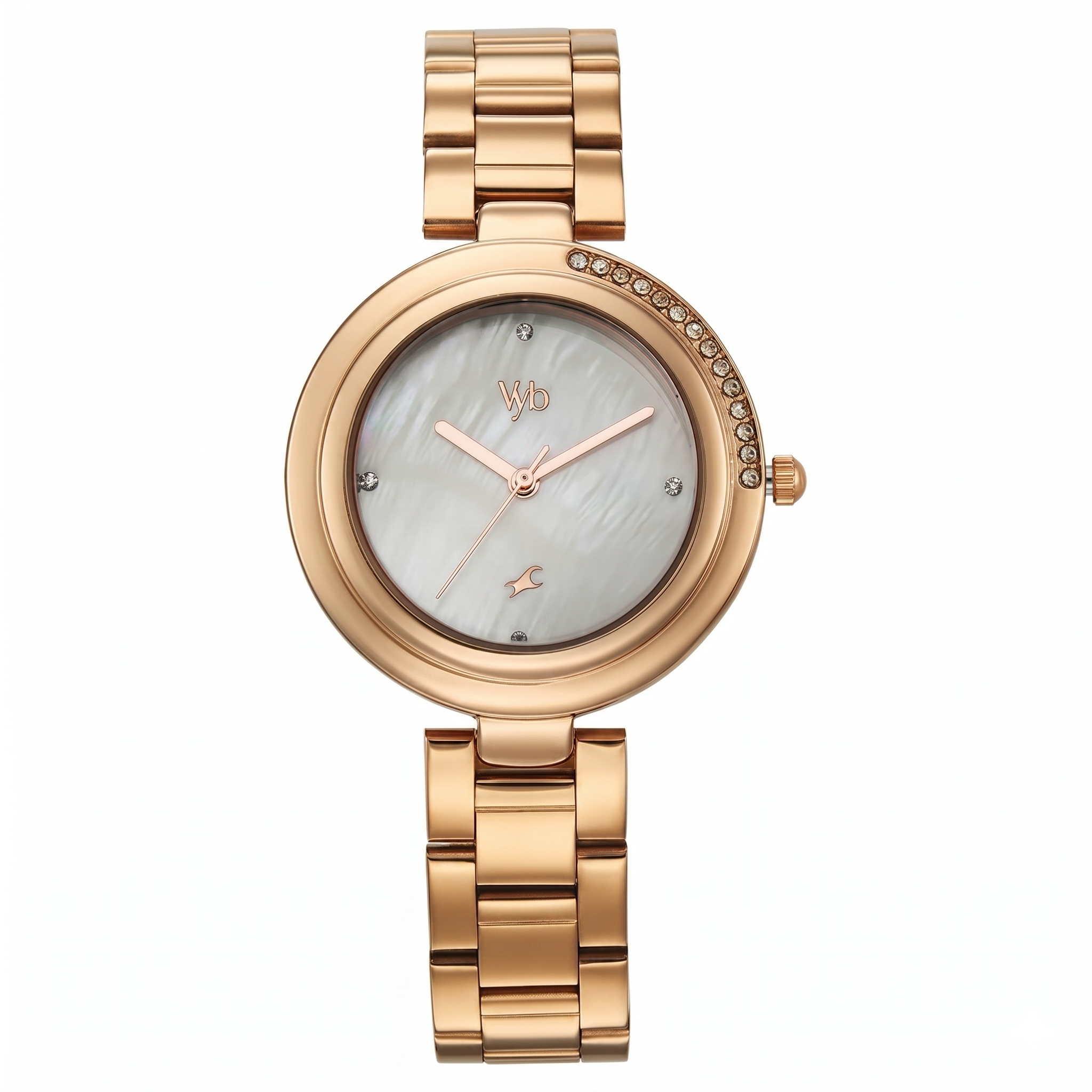 Fastrack FV60106WM01W | Vyb Aura By Fastrack Quartz Analog White Dial Rose Gold Stainless Steel Strap Watch For Girls