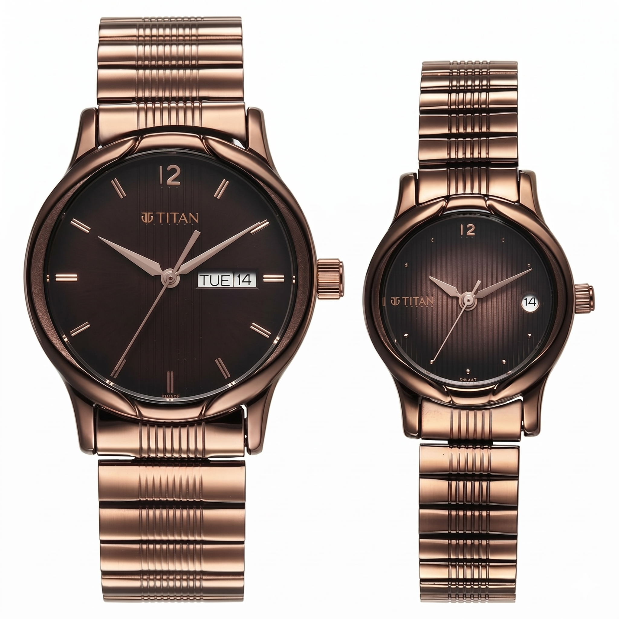 Titan Pair 15802490QM01P | Titan Bandhan Quartz Analog with Date Brown Dial Stainless Steel Strap Watch for Couple