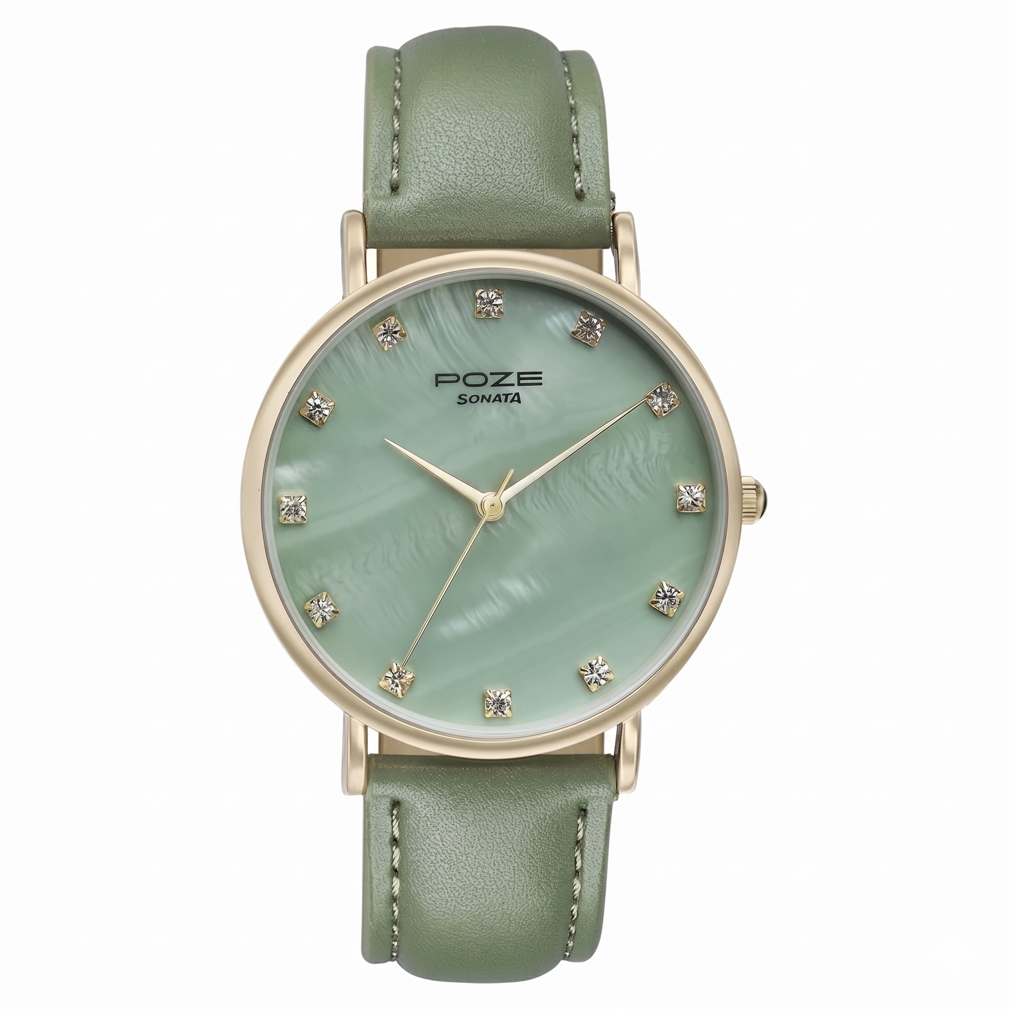 Sonata SP80084YL01W | Sonata Poze Quartz Analog Green Mother Of Pearl Dial Green Color Leather Strap Watch For Women