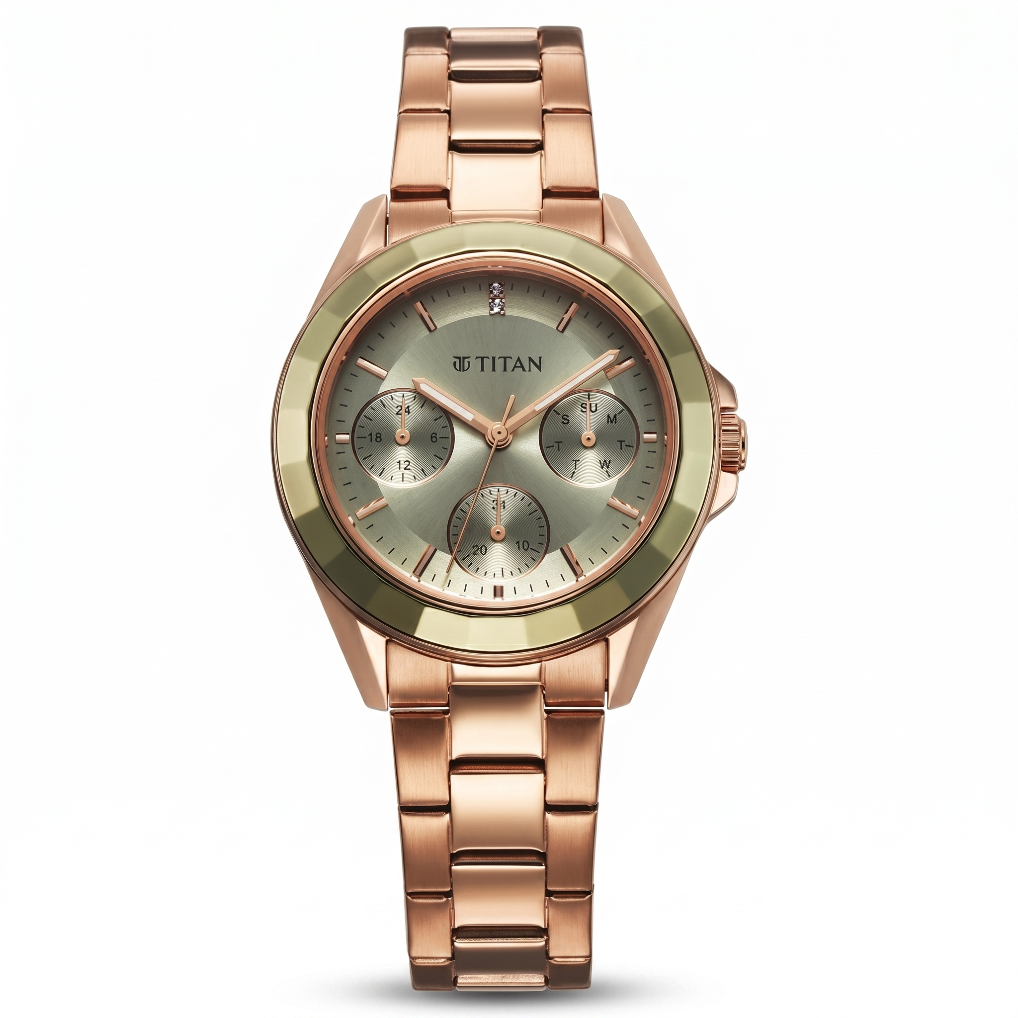 Titan 95315KM03 | Titan Glamour Quartz Multifunction Green Dial Rose Gold Stainless Steel Strap Watch For Women