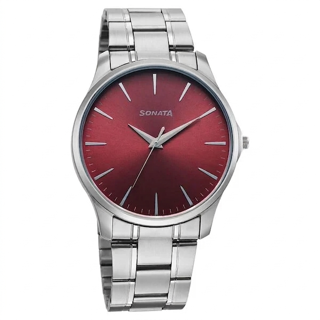 Sonata 77163SM09 | Sonata Ease Watches For Men With Metal Strap And Red Dial