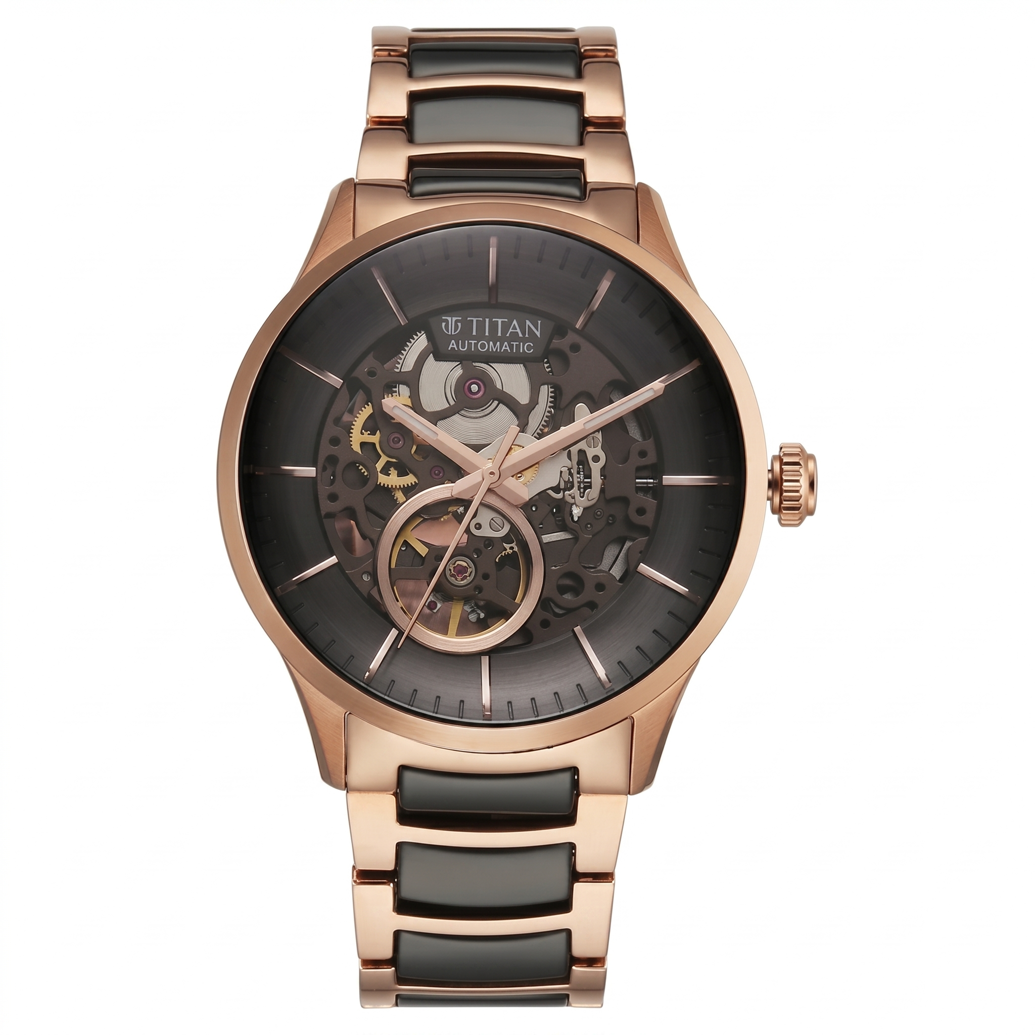 Titan 90174KD03 | Titan Ceramic Fusion Automatic Black Dial Rose Gold Dual-Toned Stainless Steel Bracelet Watch for Men