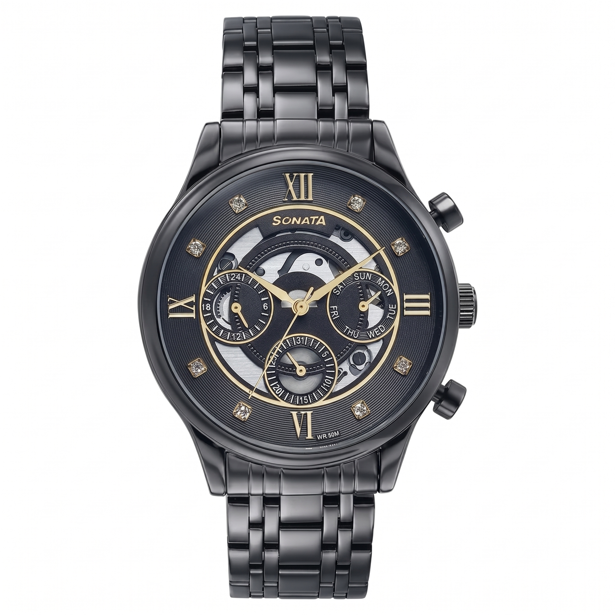Sonata 77146NM02 | Sonata Quartz Multifunction Black Dial Stainless Steel Strap Watch For Men