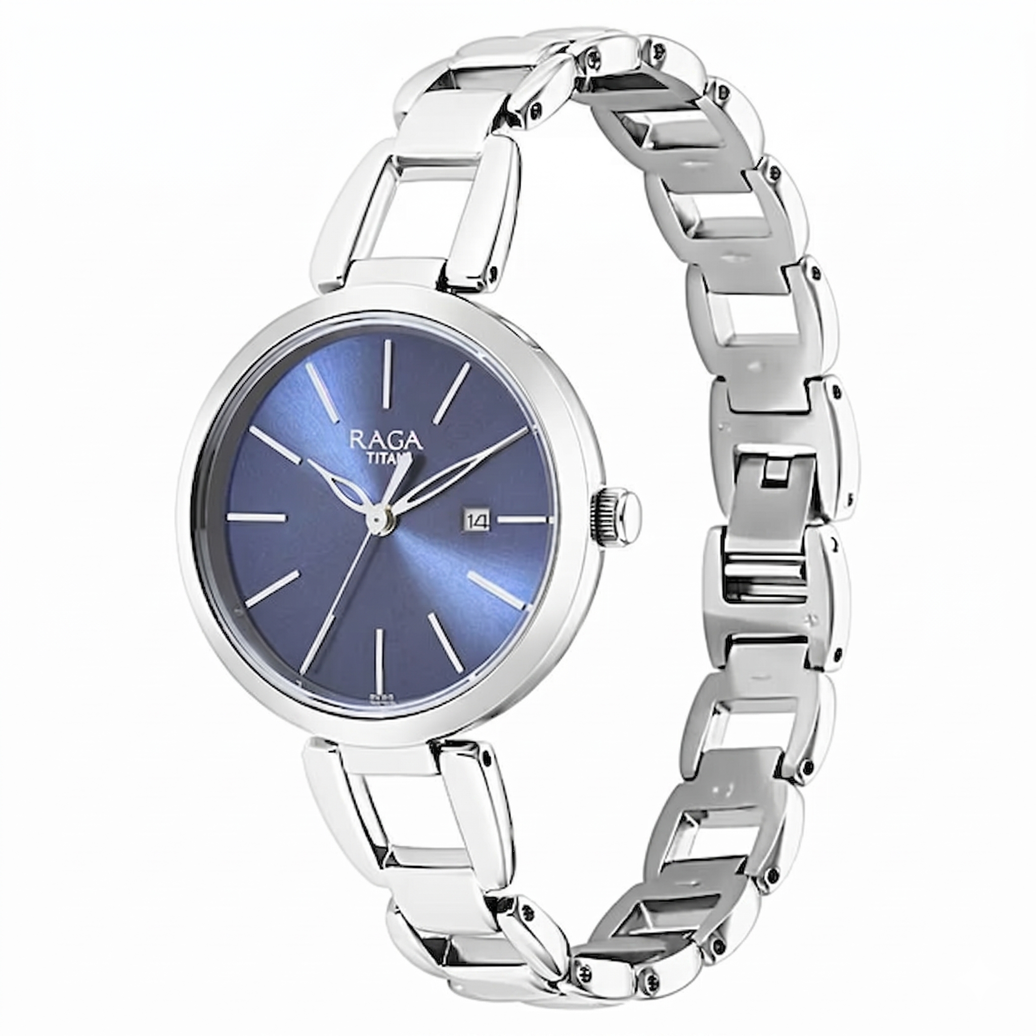 Titan 2642SM02 | Titan Raga Viva Blue Dial Analog with Date Silver Metal Strap Watch for Women