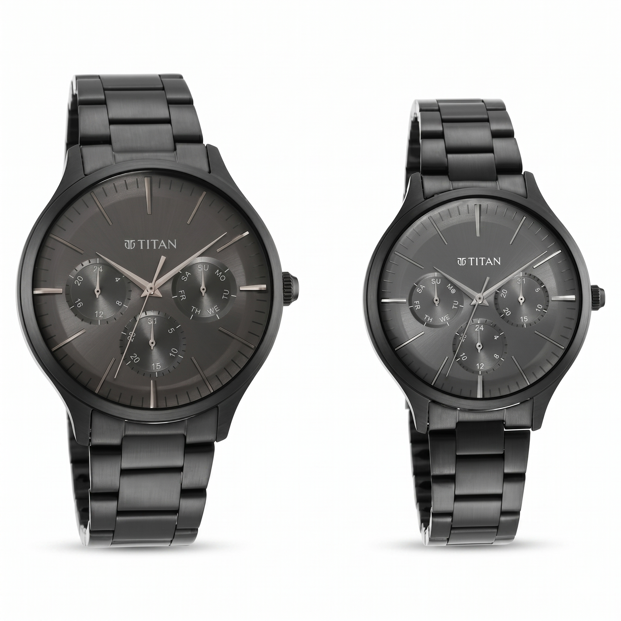 Titan 9400494204NM01P | Titan Bandhan Black Dial Quartz Multifunction Stainless Steel Strap watch for Couple.
