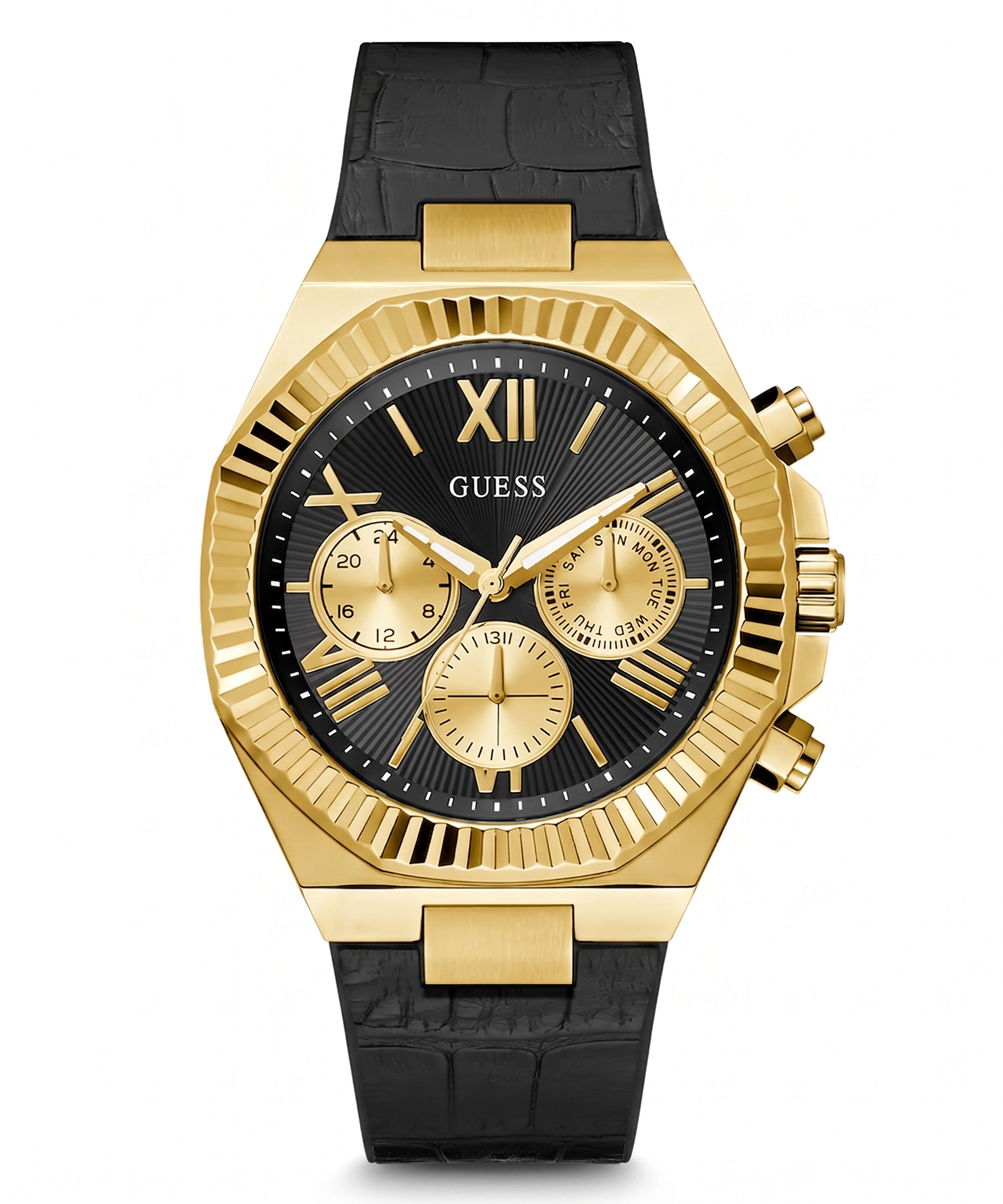 Guess GW0791G3 | Equity 44 mm Analogue Quartz Watch For Men's - Gold Dial with Black Silicone Strap