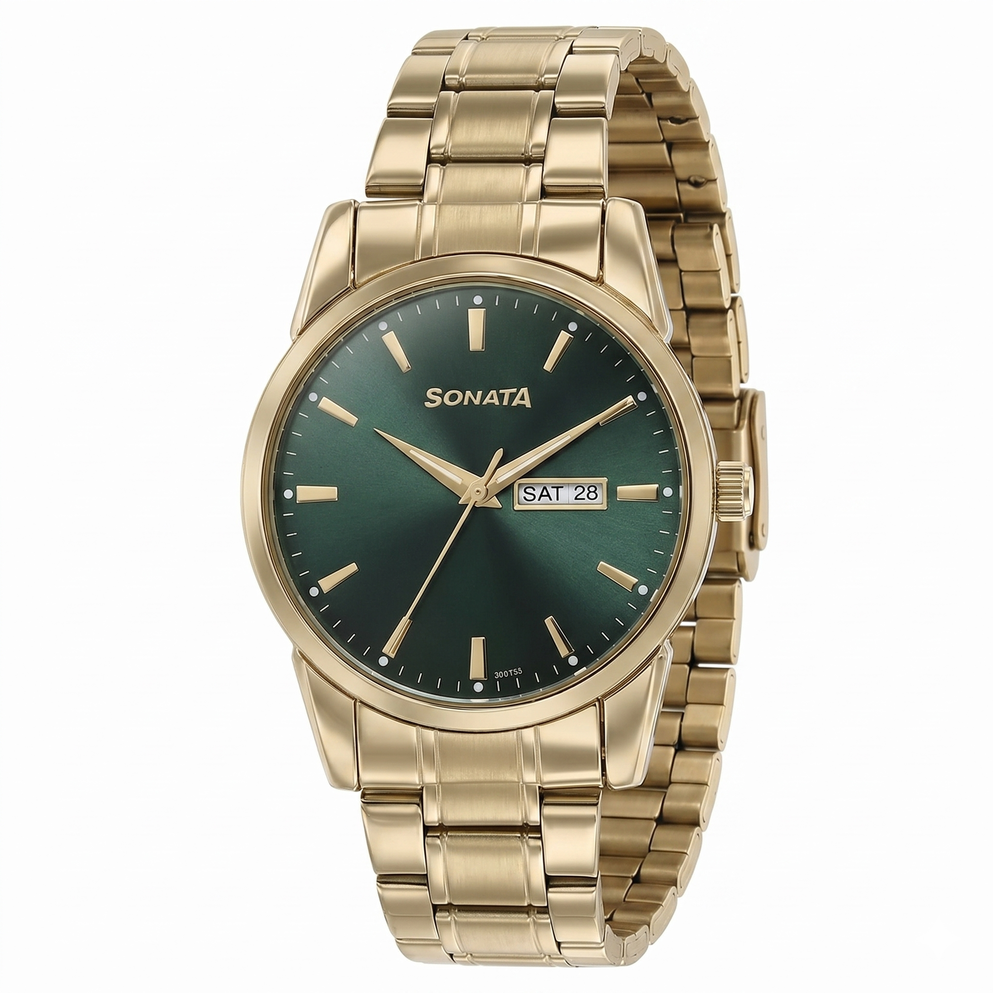 Sonata 77147YM02 | Sonata Quartz Analog with Day and Date Green Dial Golden Stainless Steel Strap Watch For Men