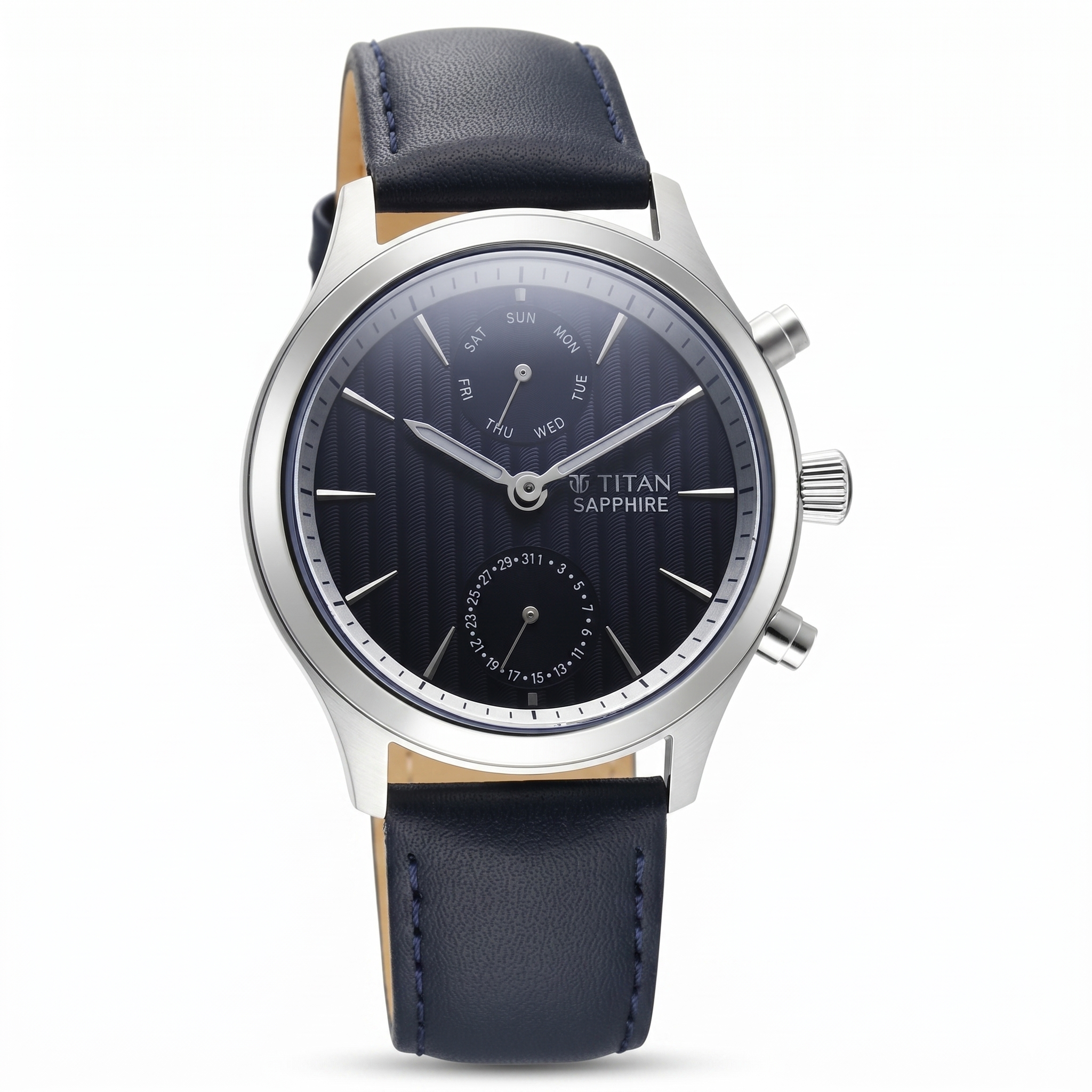 Titan 1874SL02 | Titan Sapphire Multifunction Quartz Analog with Day and Date Blue Dial Leather Strap Watch for Men