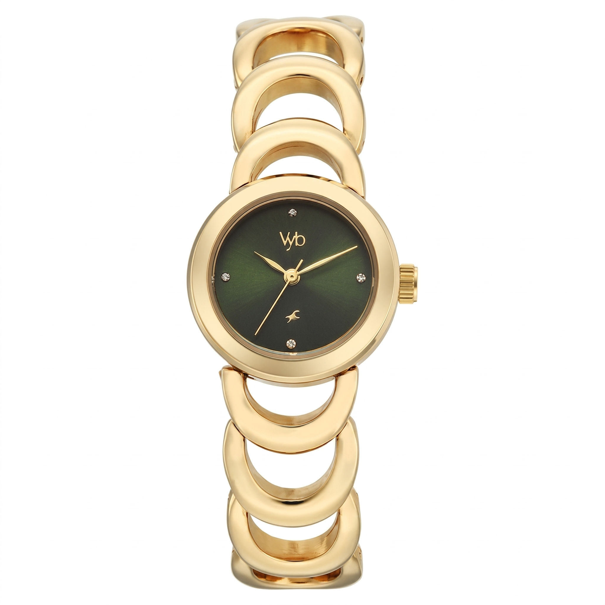 Fastrack FV60131YM01W | Vyb Bliss By Fastrack Quartz Analog Green Dial Golden Metal Strap Watch For Girls