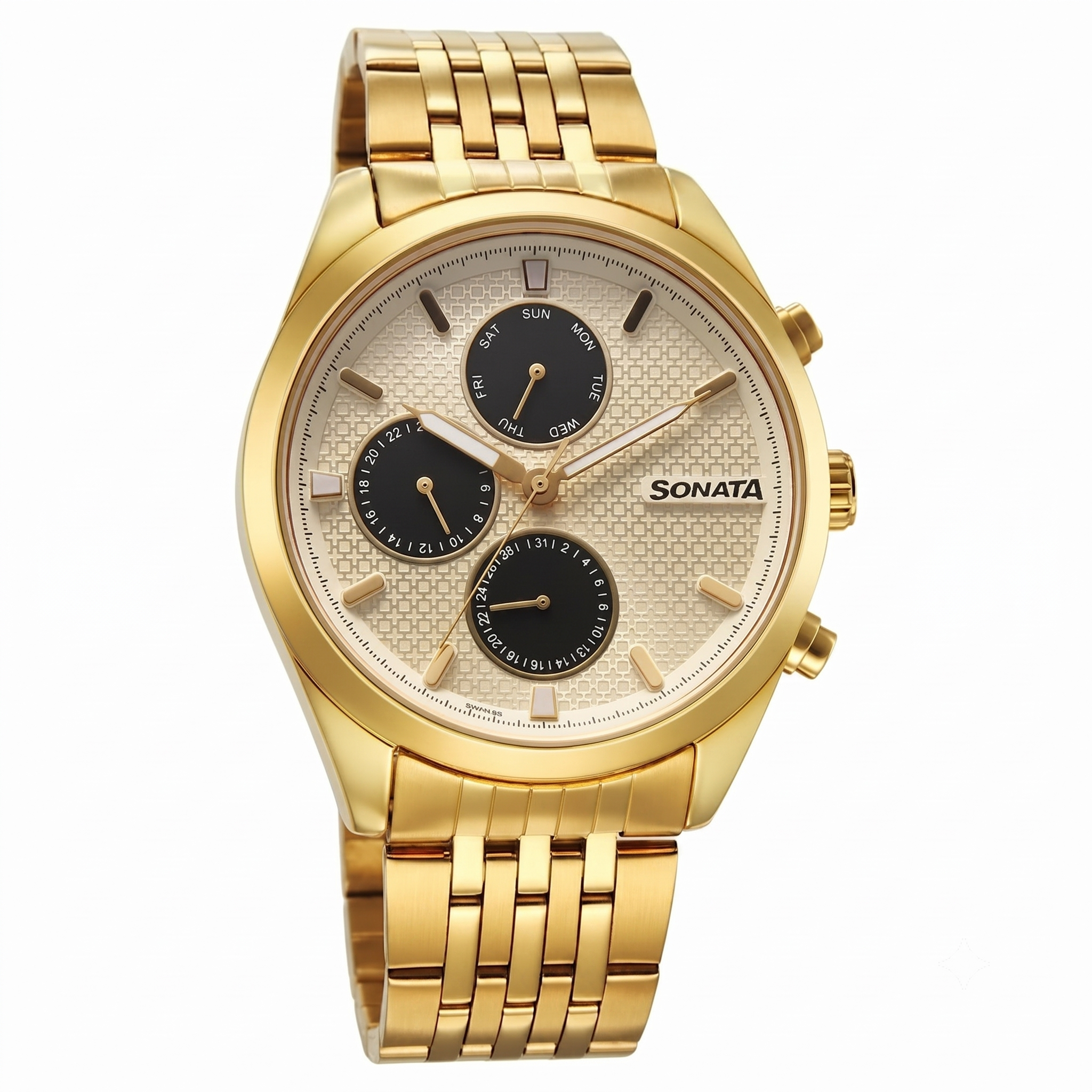 Sonata 7155YM02 | Sonata Magna Quartz Multifunction Champagne Dial Golden Stainless Steel Strap Watch For Men