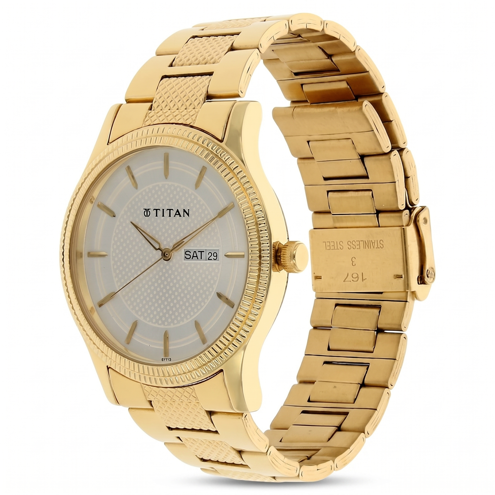 Titan 1650YM05 | Titan Quartz Analog with Day and Date Silver Dial Golden Stainless Steel Strap Watch For Men