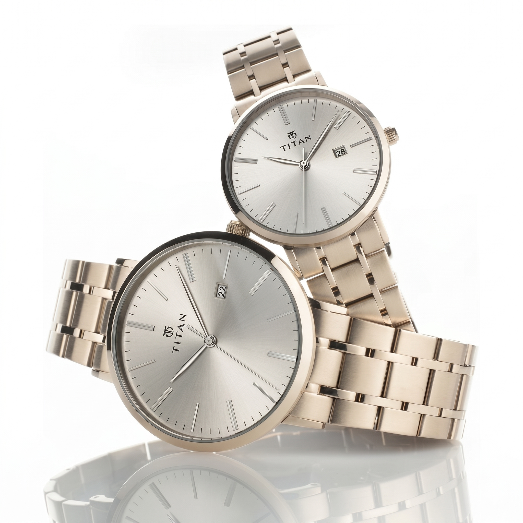 Titan 9400294202WM01P | Titan Quartz Analog with Date Rose Gold Dial Stainless Steel Strap Watch for Couple