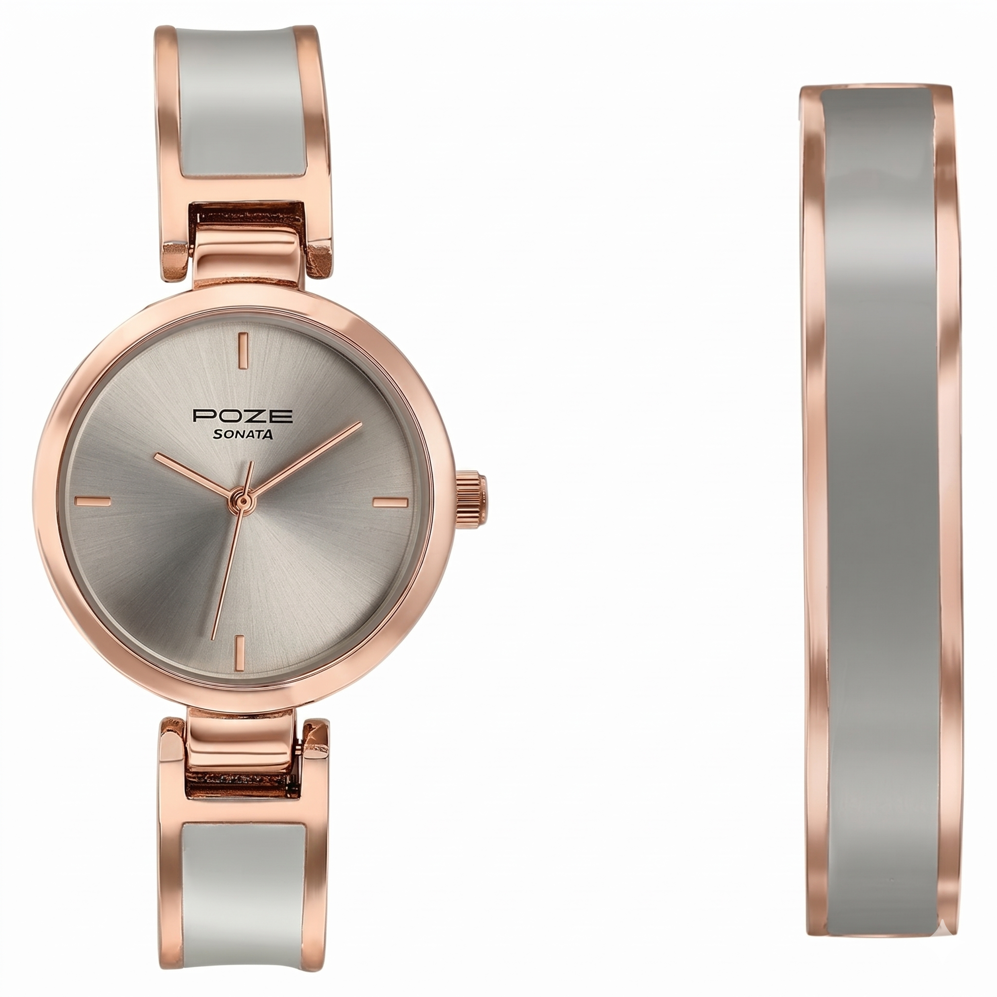 Sonata SP80138KM02WF | Sonata Poze Quartz Analog Grey Dial Two Toned Kada Strap Watch For Women