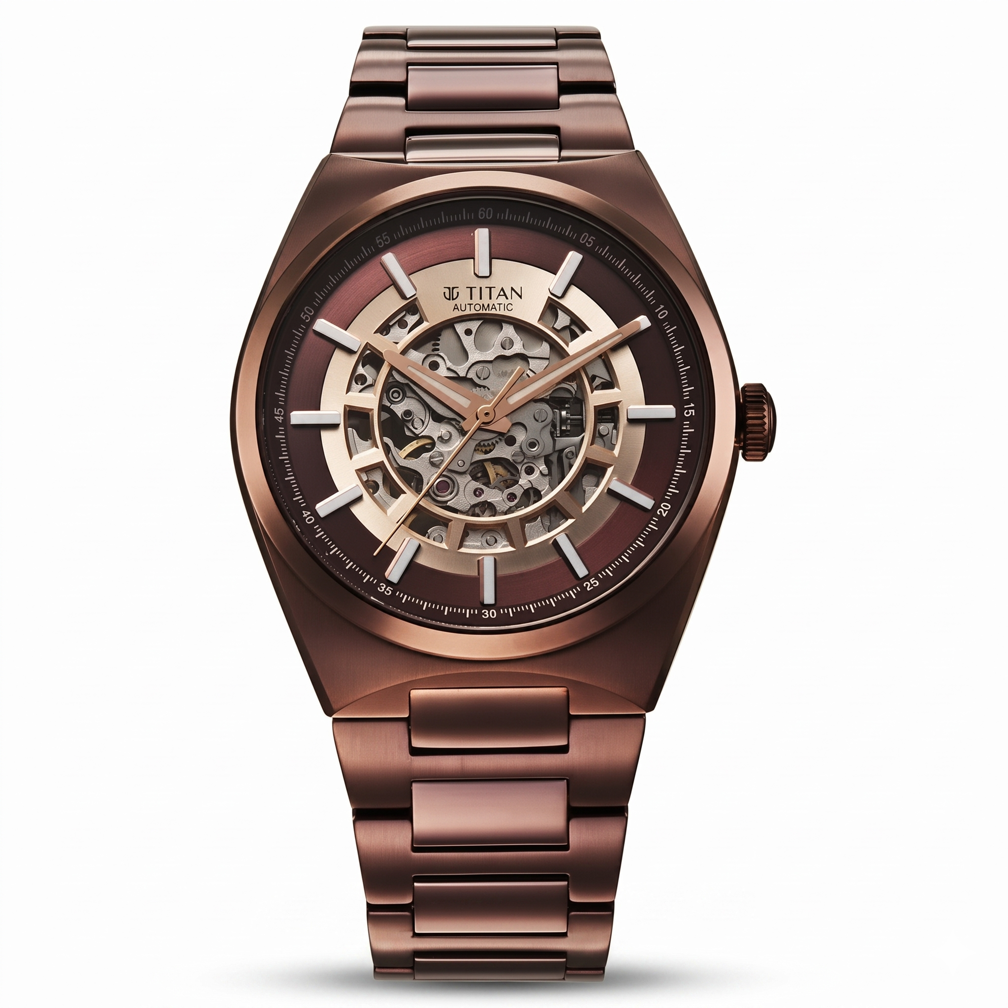 Titan 90221QM01 | Titan Nexus Skeletal Automatic Analog with Brown Dial Brown Stainless Steel Strap Watch for Men