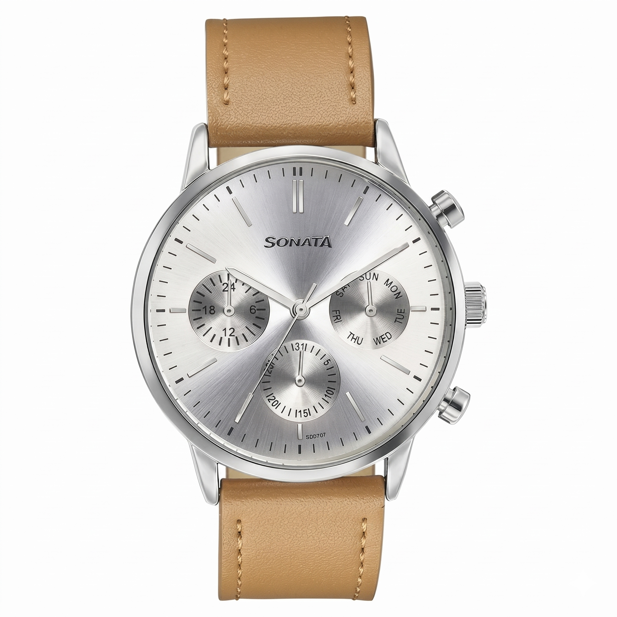 Sonata 77139SL01 | Sonata Quartz Multifunction Silver Dial Brown Leather Strap Watch For Men