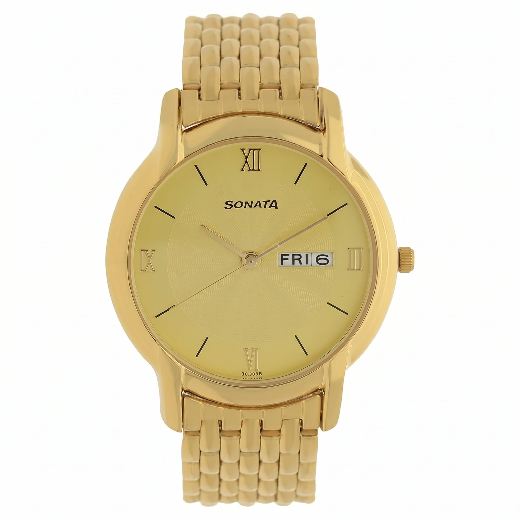Sonata NP7954YM02W | Sonata Quartz Analog with Day and Date Champagne Dial Metal Strap Watch for Men