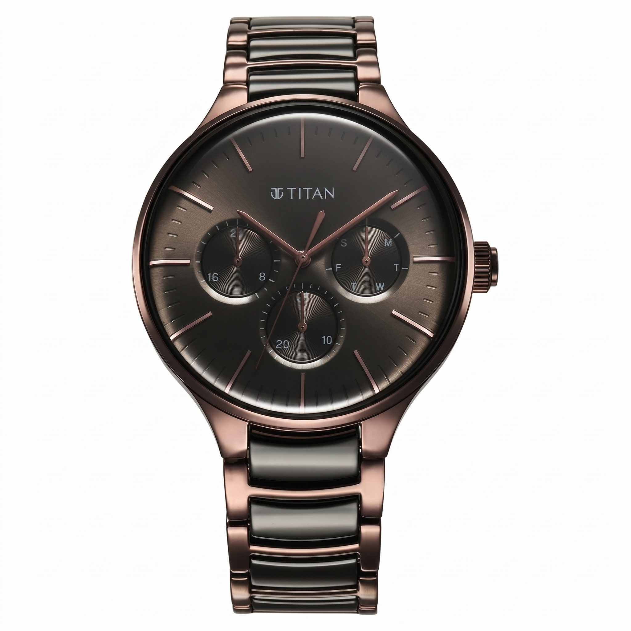 Titan 90148KD05 | Titan Ceramic Fusion Multifunction Black Dial With Two Toned Color Stainless Steel Strap Watch For Men