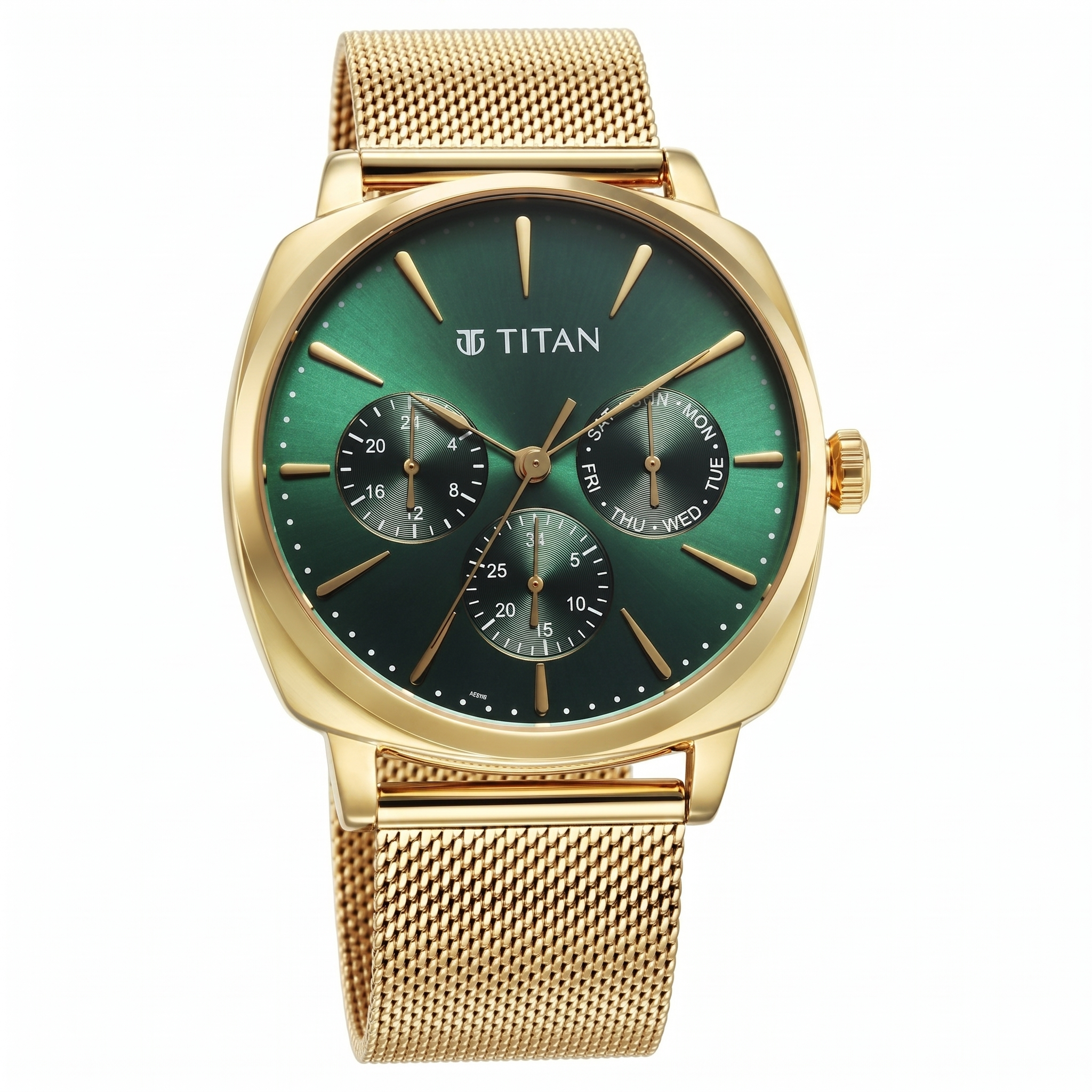 Titan 90189YM01 | Titan Classique Suave Quartz Green Dial Golden Stainless Steel Mesh Strap Watch for Men