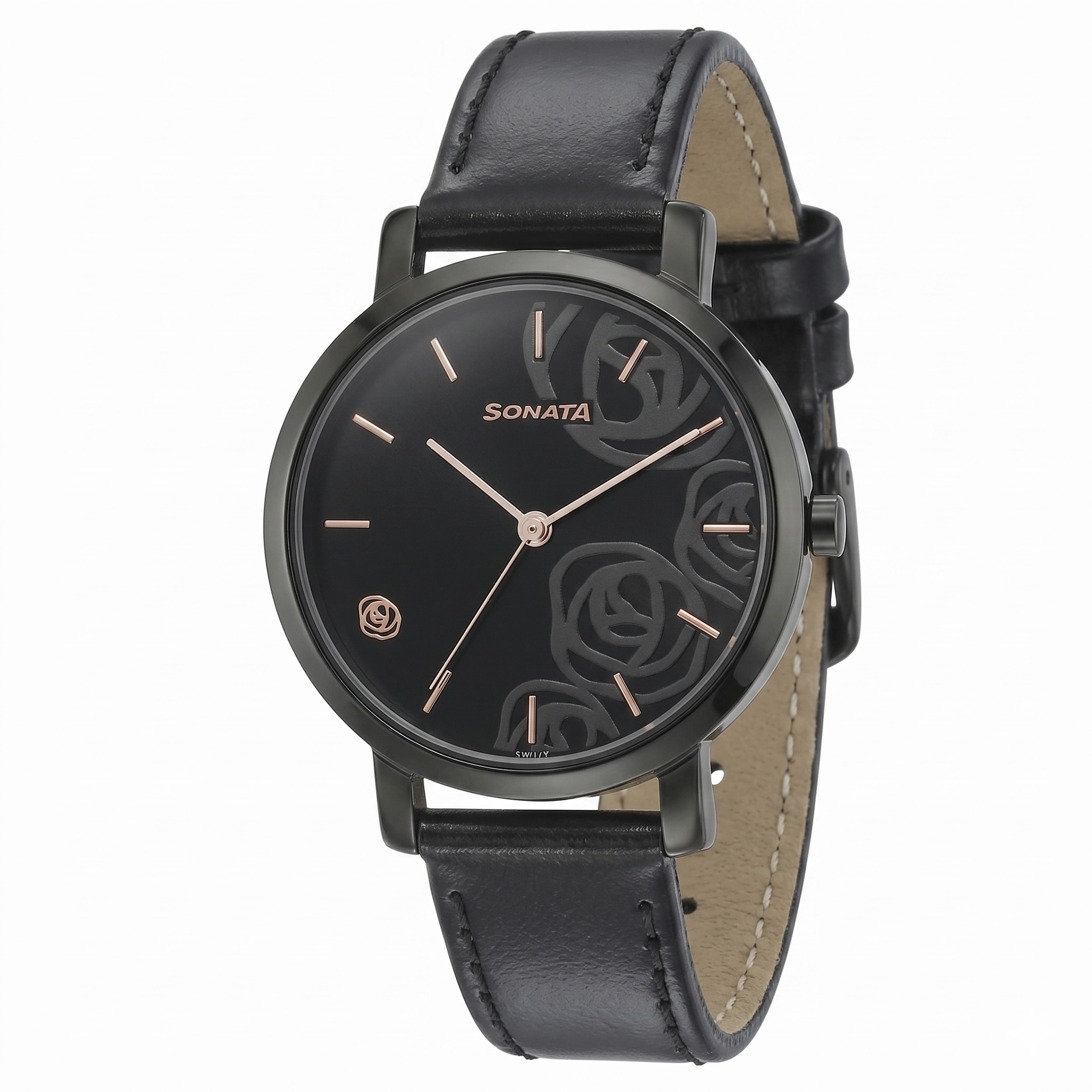 Sonata NP8164NL02 | Sonata Onyx Black Dial Women Watch With Leather Strap