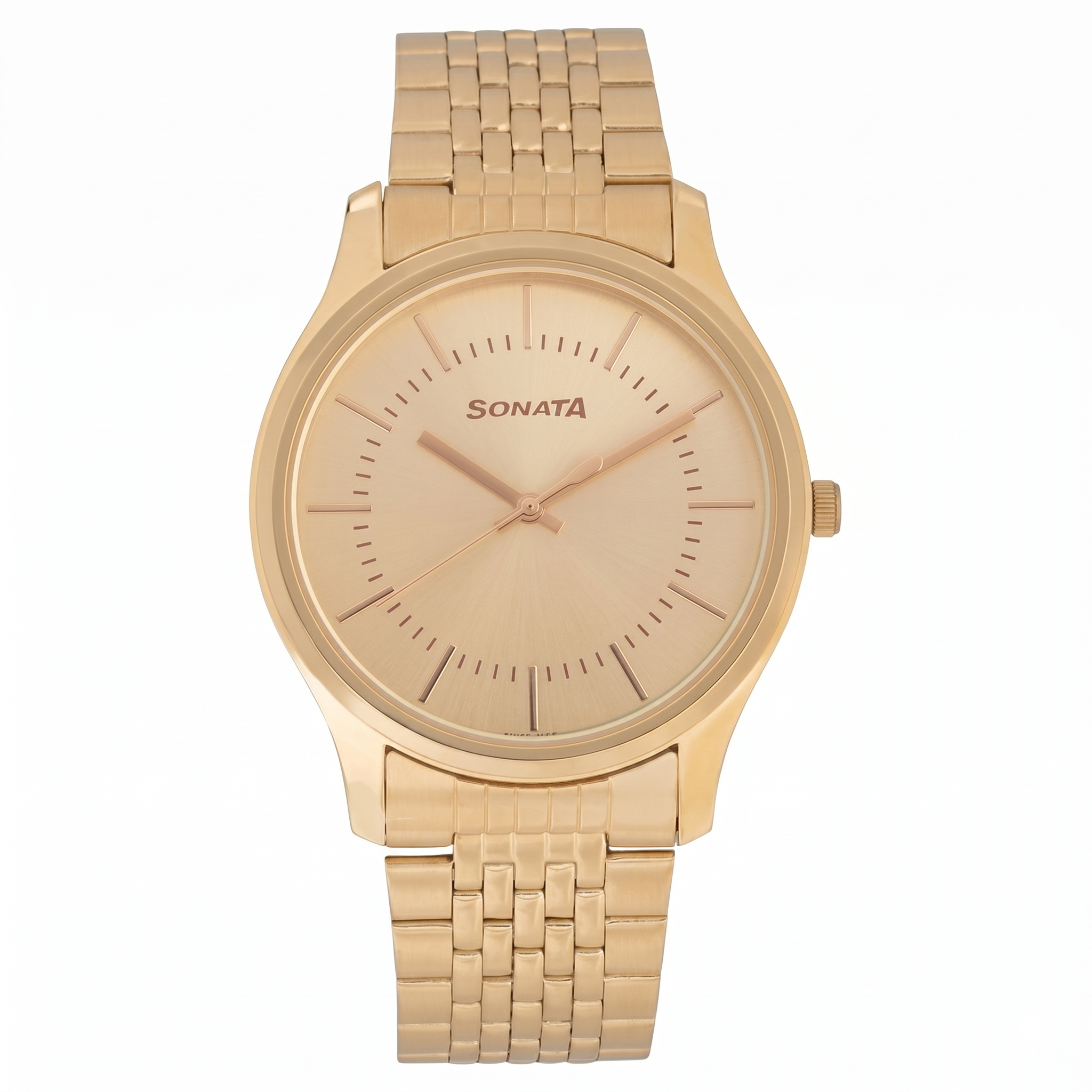Sonata NM77082YM02 | Sonata Essentials Quartz Analog Champagne Dial Golden Stainless Steel Strap Watch For Men