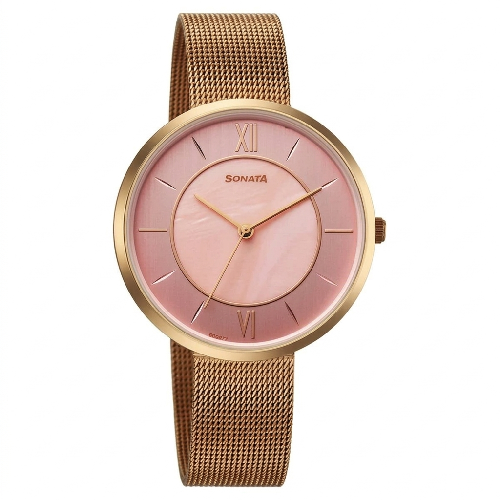 Sonata 8193WM01 | Sonata Modern Edit Quartz Analog Pink Mother of Pearl Dial Stainless Steel Strap Watch For Women