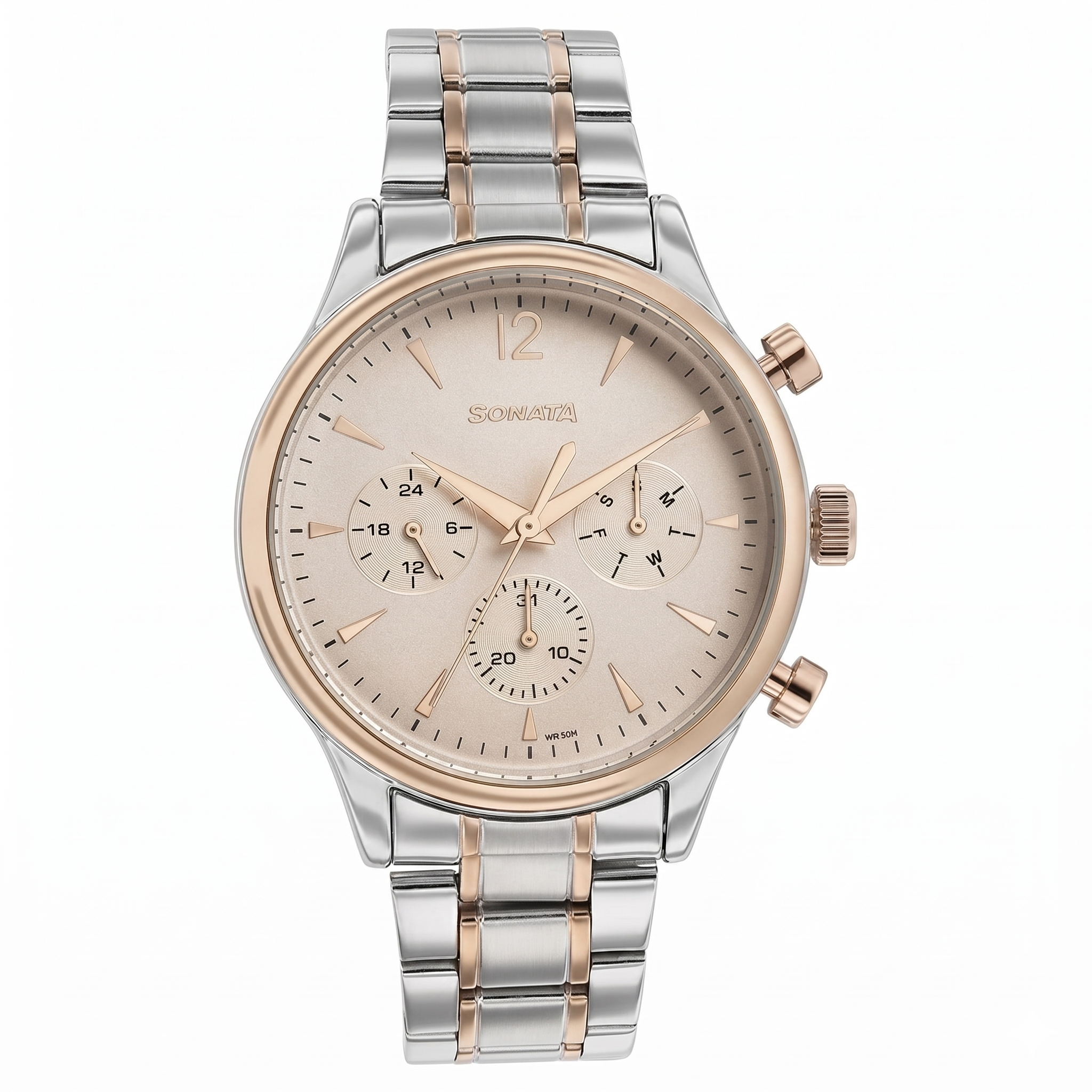 Sonata 77146KM01 | Sonata Quartz Multifunction Pink Dial Two Toned Stainless Steel Strap Watch For Men