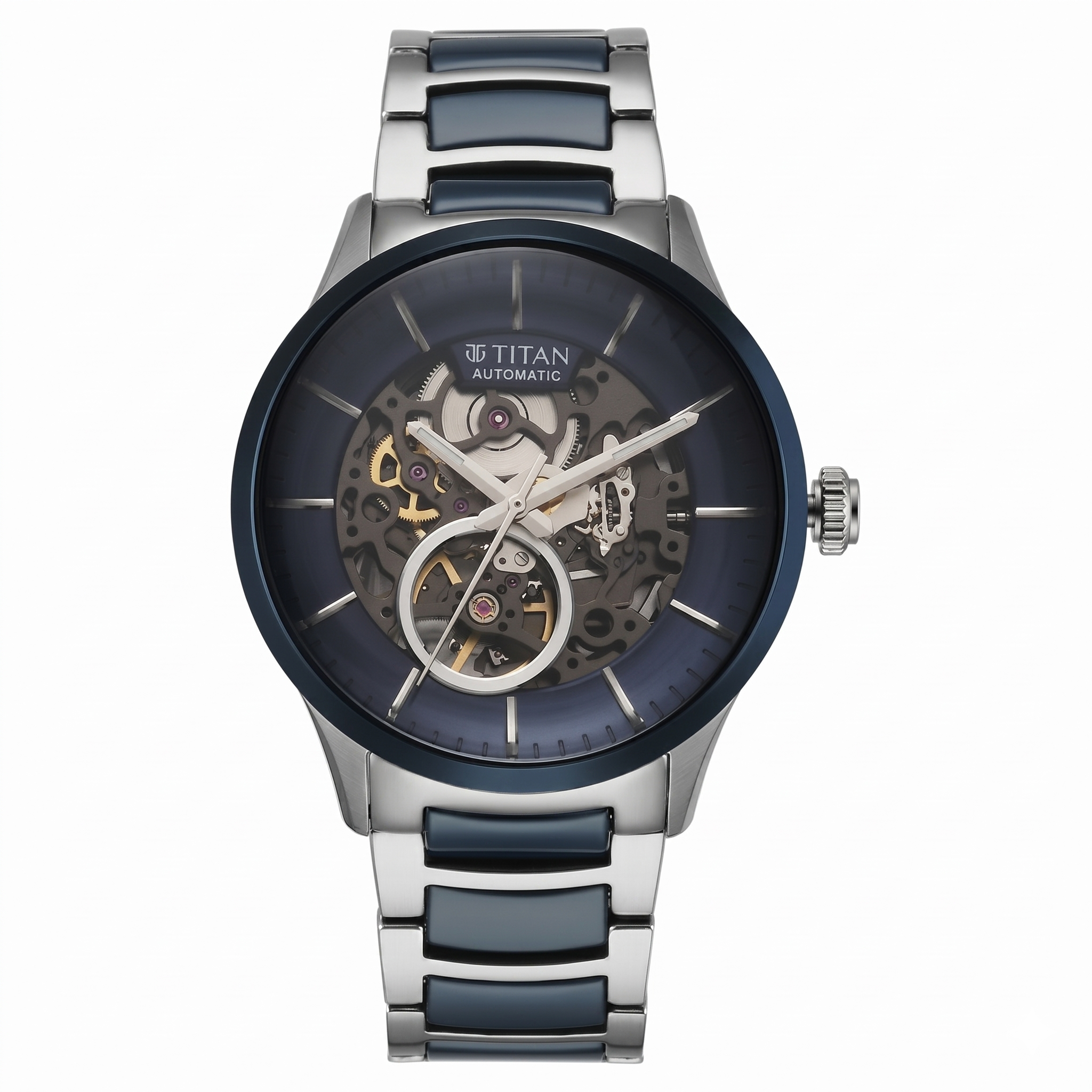 Titan 90174KD02 | Titan Ceramic Fusion Automatic Blue Dial Silver Dual-Toned Stainless Steel Bracelet Watch for Men