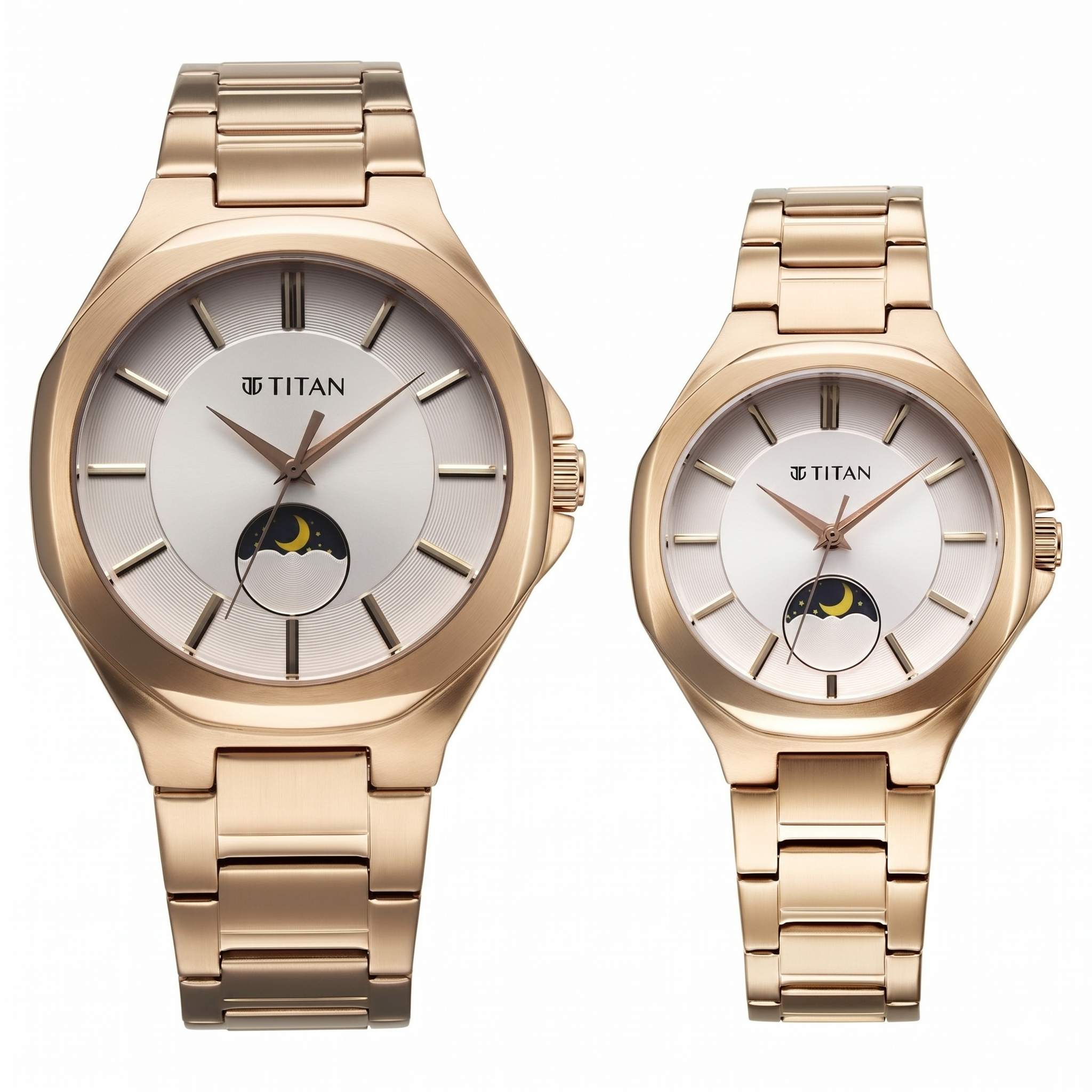 Titan 9400994209WM01 | Titan Bandhan Quartz Analog With Sun - Moon Silver Dial Rose Gold Stainless Steel Strap Watch For Couple
