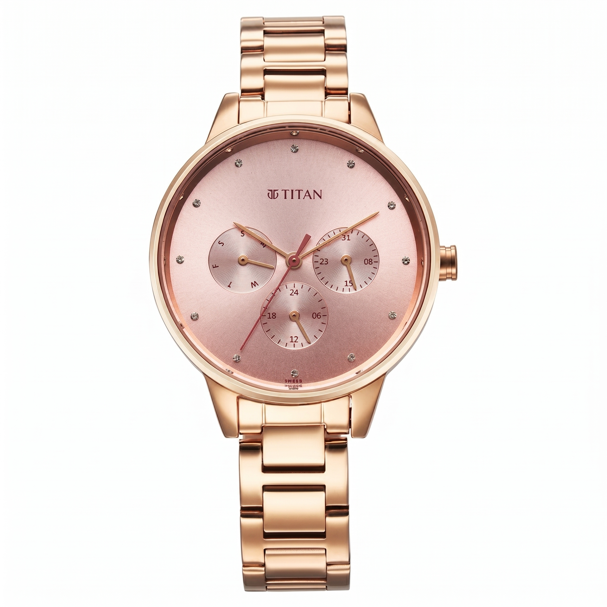 Titan 2648WM08 | Titan Razzle Dazzle Quartz Analog with Day and Date Pink Dial Rose Gold Stainless Steel Strap Watch For Women