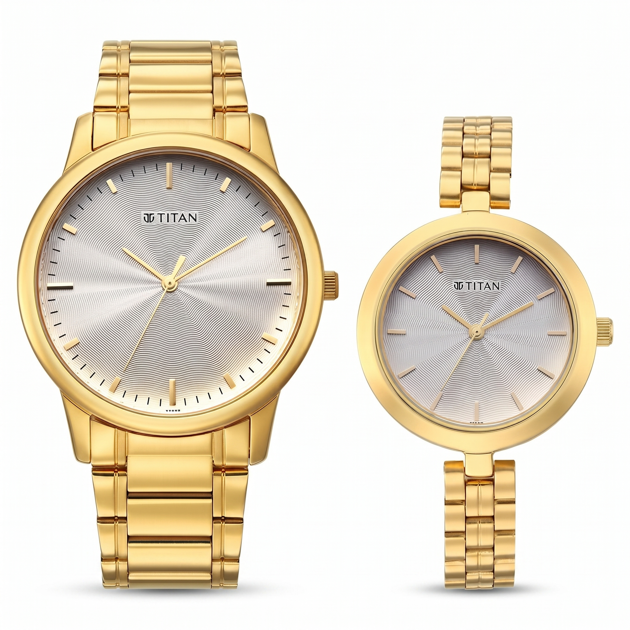 Titan 19692969YM01 | Titan Bandhan Eternal Pair Analog with Silver Dial Yellow Gold Stainless Steel Strap Watch for Couples