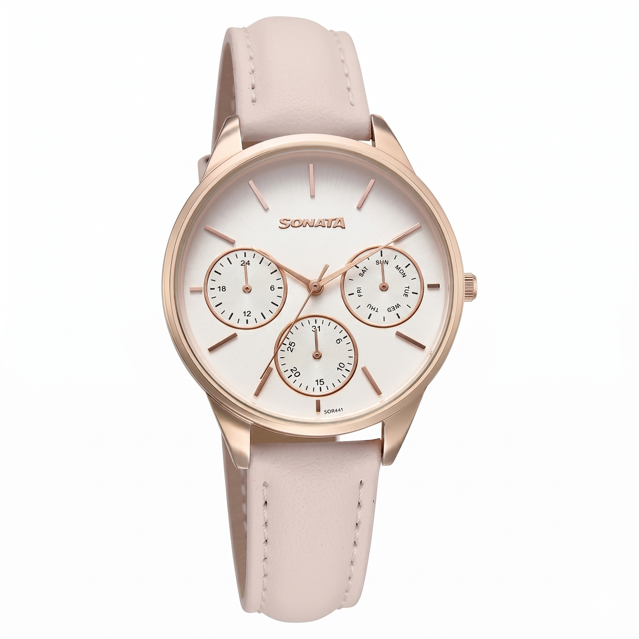 Sonata 87085WL01 | Sonata Eternia Quartz Multifunction Silver Dial Leather Strap Watch For Women