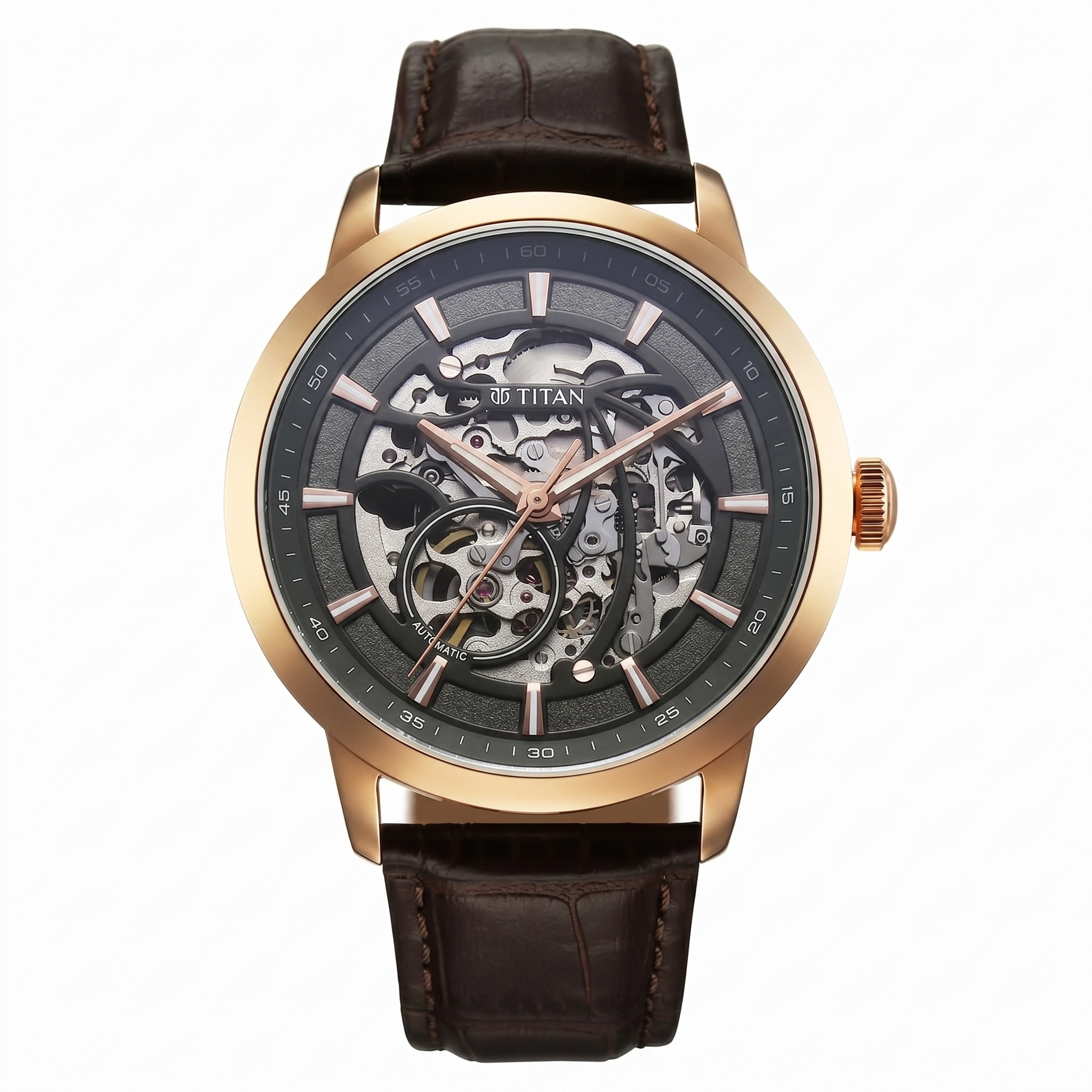 Titan 90223WL01 | Titan Phoenix Skeletal Automatic Analog with Gun Dial Brown Leather Strap Watch for Men