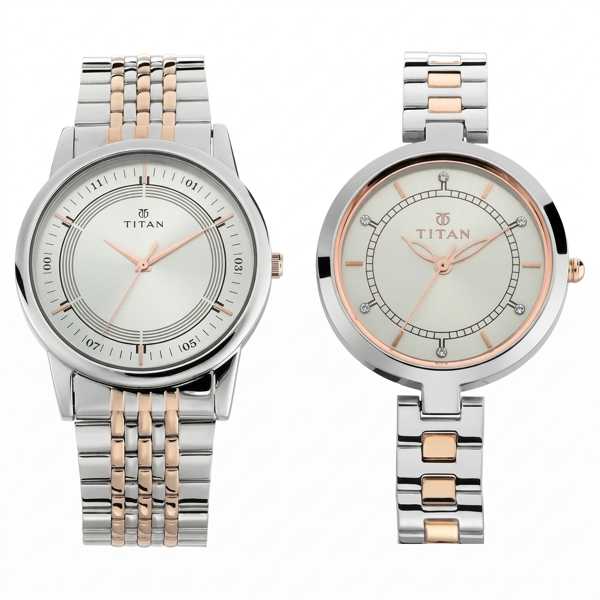 Titan Pair 17732603KM01P | Titan Bandhan Quartz Analog Silver Dial Two Toned Stainless Steel Strap Watch For Couple