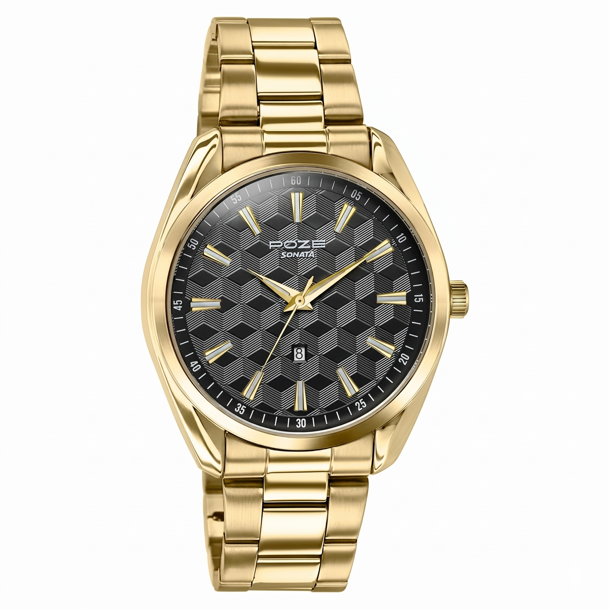 Sonata SP70066YM02 | Sonata Poze Quartz Analog Two Toned Dial Golden Colour Stainless Steel Strap Watch For Men