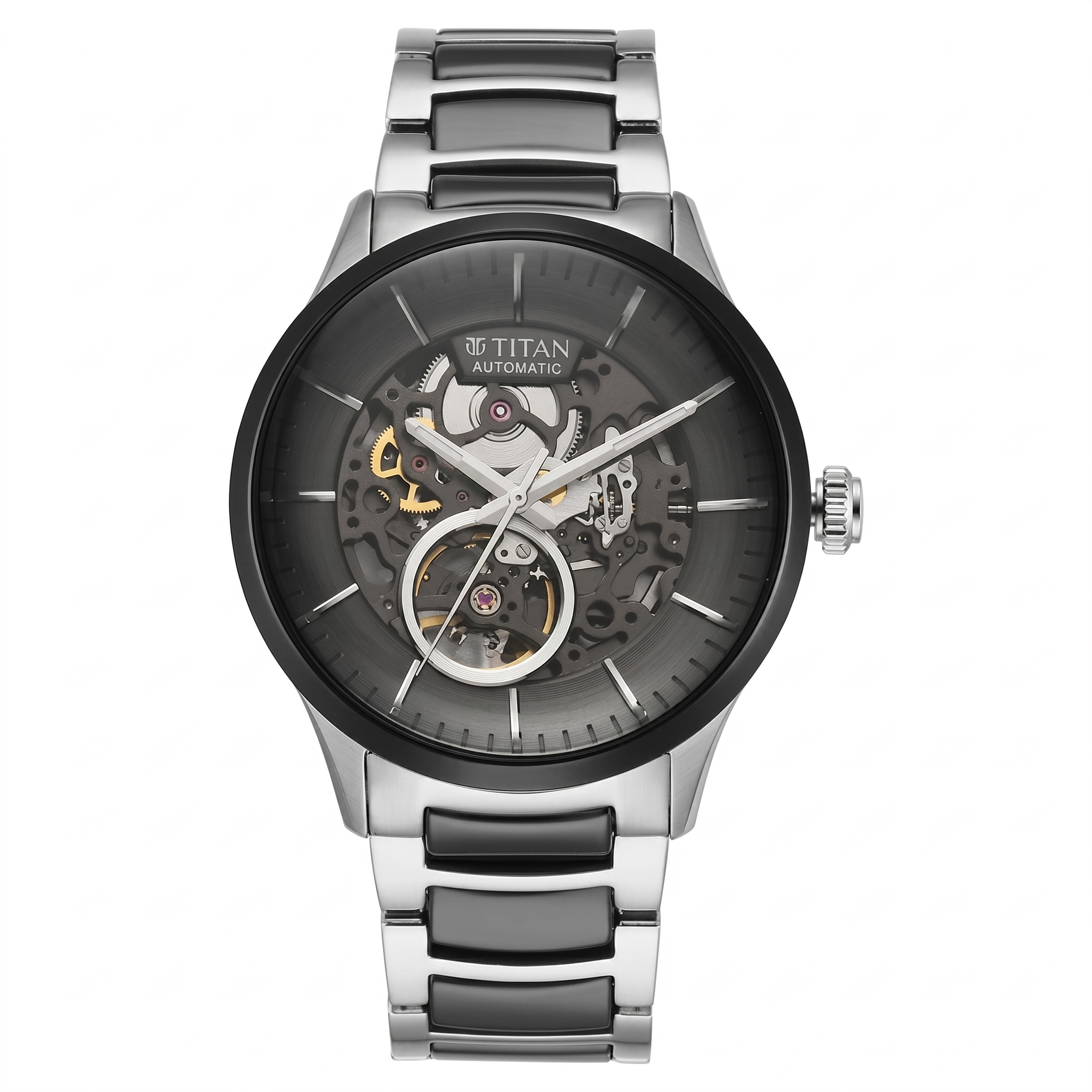 Titan 90174KD01 | Titan Ceramic Fusion Automatic Black Dial Silver Dual-Toned Stainless Steel Bracelet Watch for Men