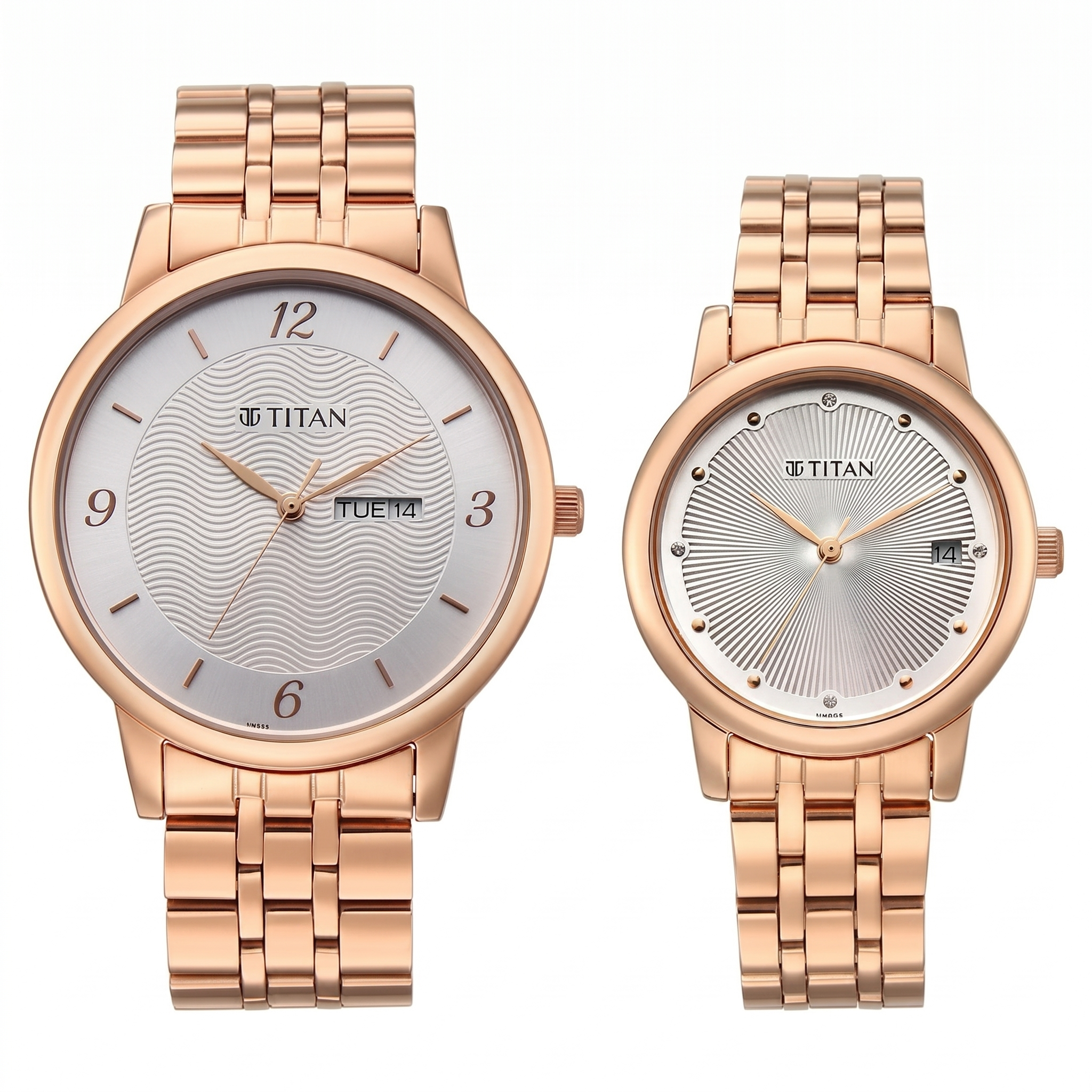 Titan 19672967WM01 | Titan Bandhan Eternal Pair Analog with Date and Silver Dial Rose Gold Stainless Steel Strap Watch for Couples