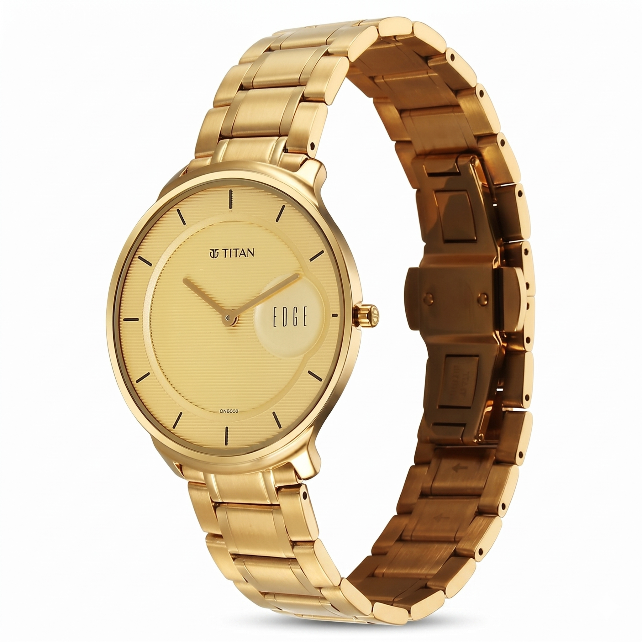 Titan 1843YM02 | Titan Edge Metal Golden Dial Stainless Steel Strap Watch for Men