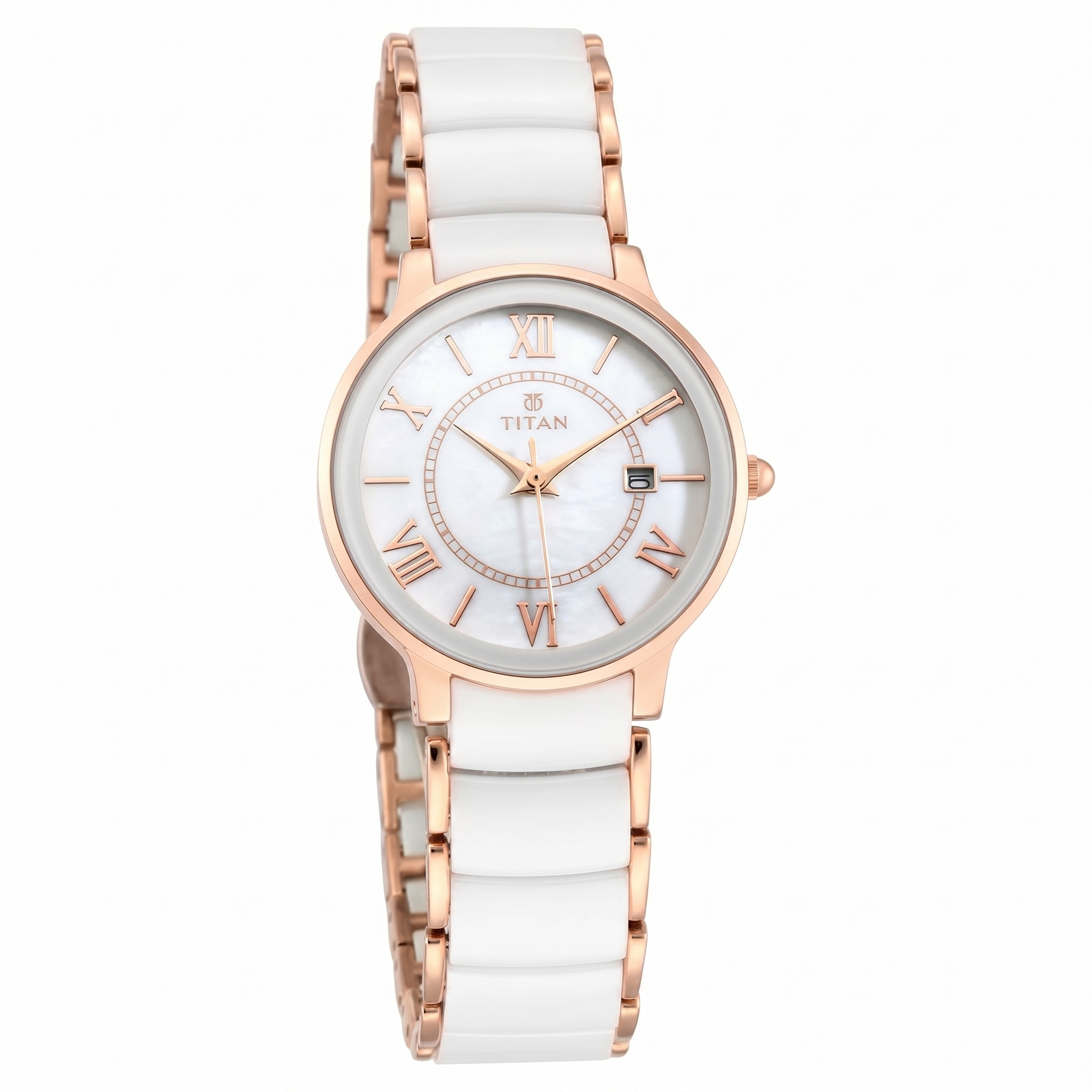 Titan 95016WD02 | Titan Quartz Analog with Date Mother of Pearl Dial Stainless Steel & Ceramic Strap Watch for Women