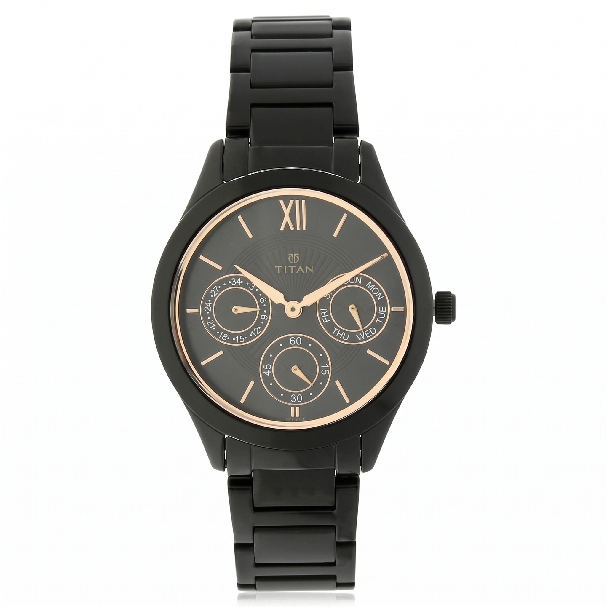 Titan 2570NM01 | Titan Quartz Analog with Day and Date Black Dial Stainless Steel Strap Watch for Women