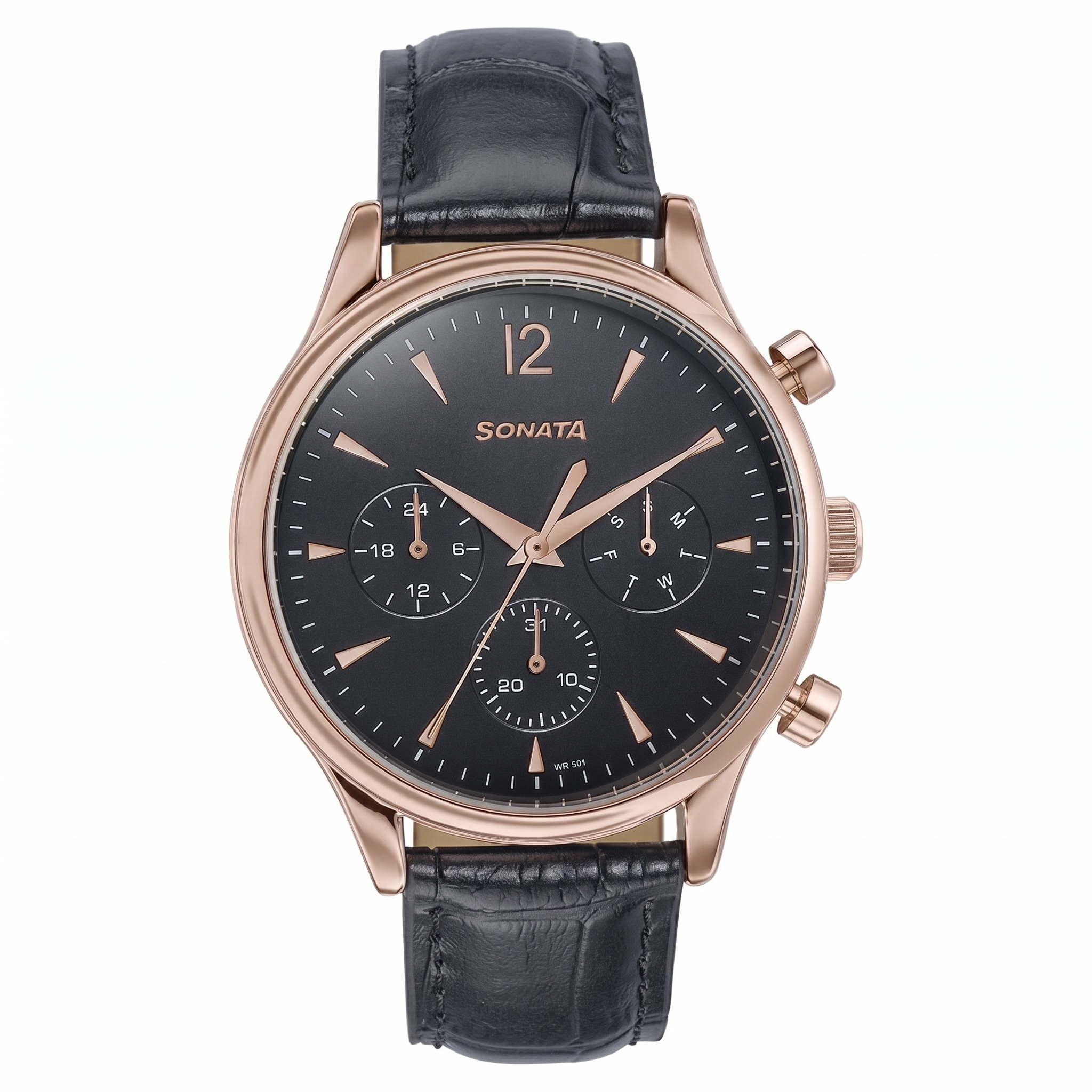 Sonata 77146WL02 | Sonata Wedding Edit Quartz Multifunction Black Dial Leather Strap Watch For Men
