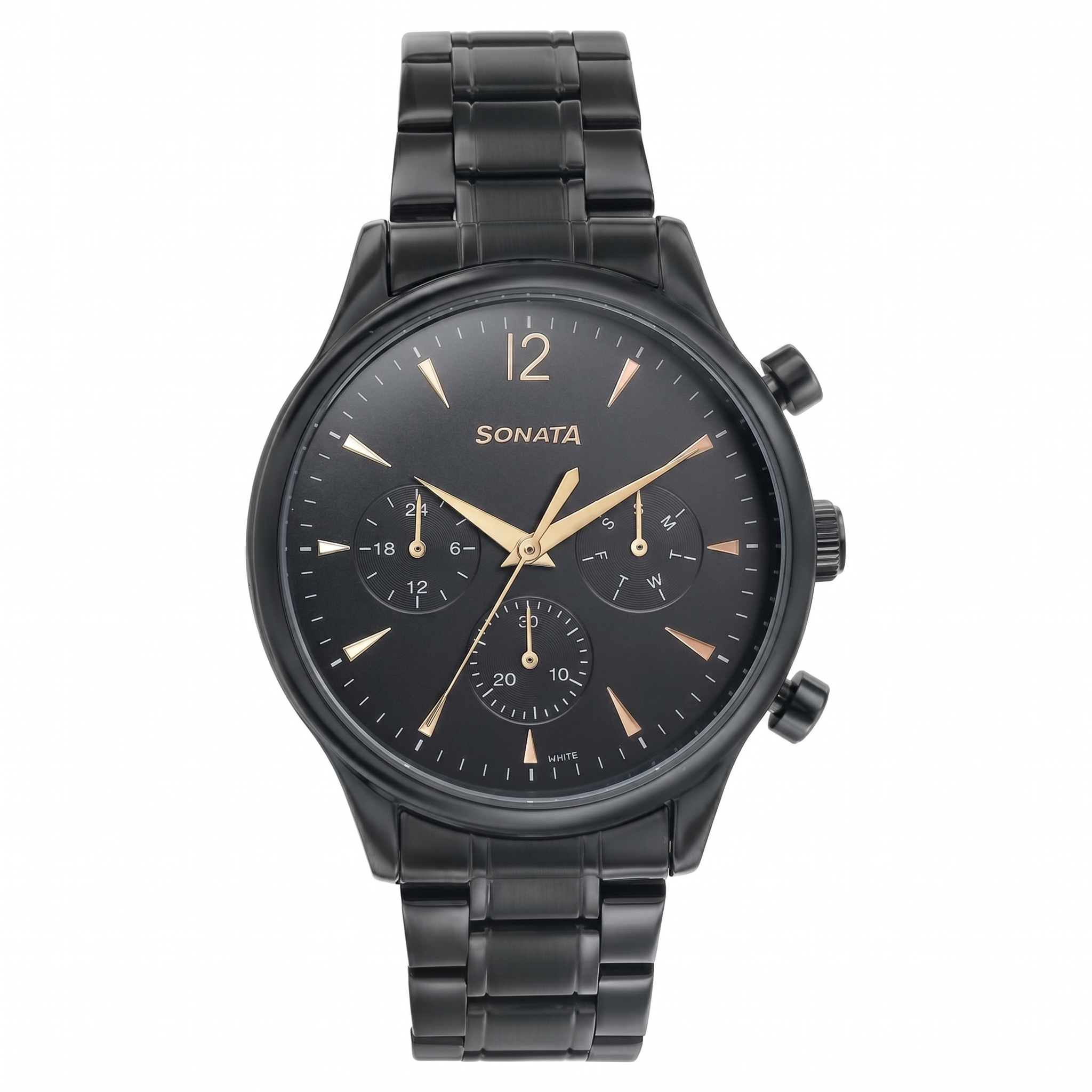 Sonata 77146NM01 | Sonata Wedding Edit Quartz Multifunction Black Dial Stainless Steel Strap Watch For Men
