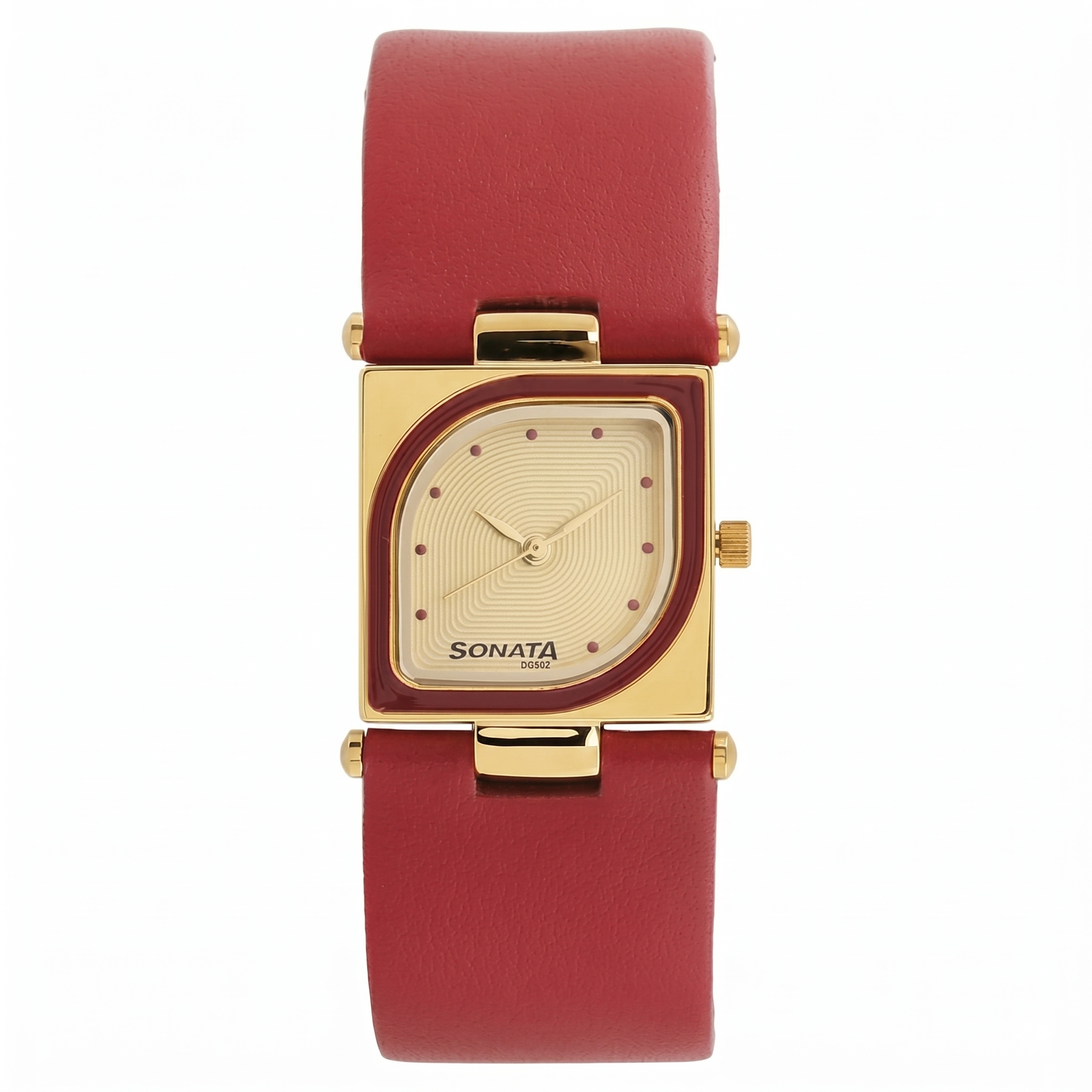 Sonata NS8919YL04 | Sonata Quartz Analog Champagne Dial Red Leather Strap Watch For Women