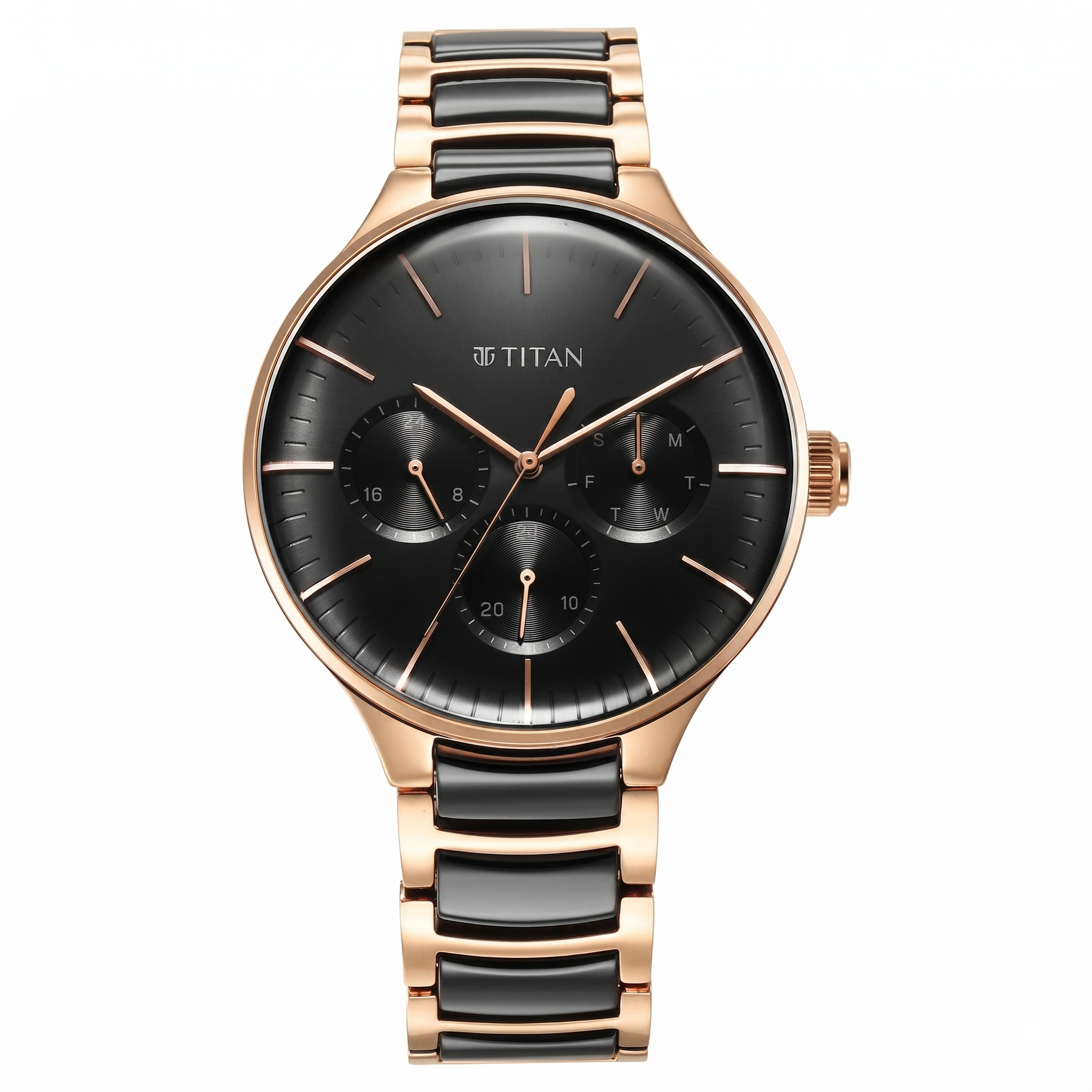 Titan 90148KD03 | Titan Ceramic Fusion Quartz Multifunction Black Dial Rose Gold Dual-Toned Stainless Steel Bracelet Watch for Men