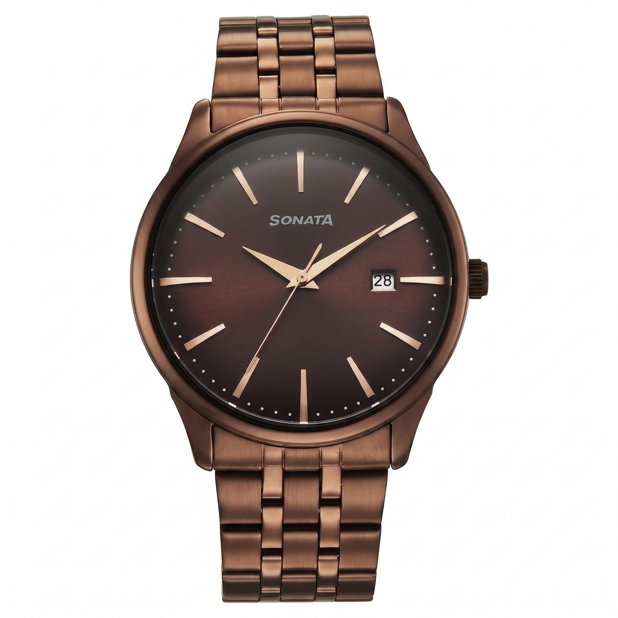 Sonata 77166QM01 | Sonata Eternia Quartz Analog with Date Brown Dial Metal Strap Watch For Men