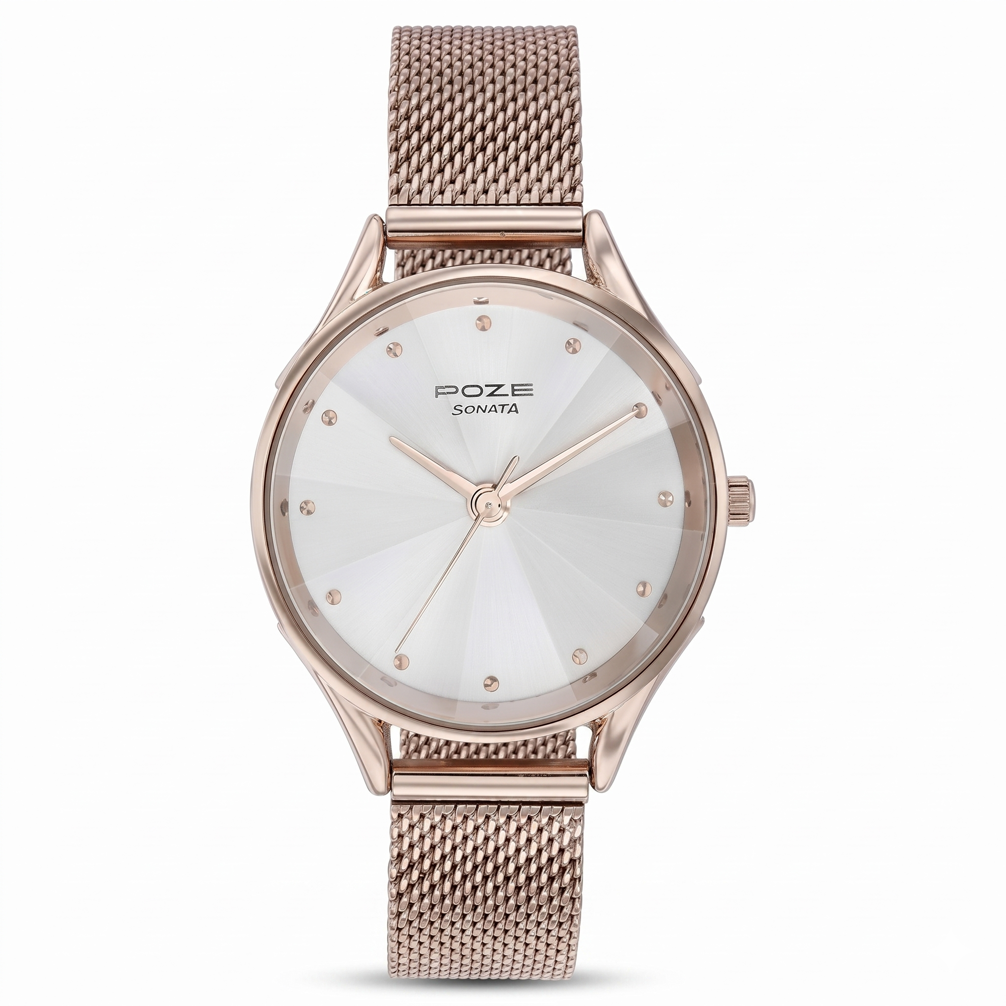 Sonata Poze SP80087WM01 | Sonata Poze Quartz Analog White Dial Rose Gold Color Stainless Steel Strap Watch For Women