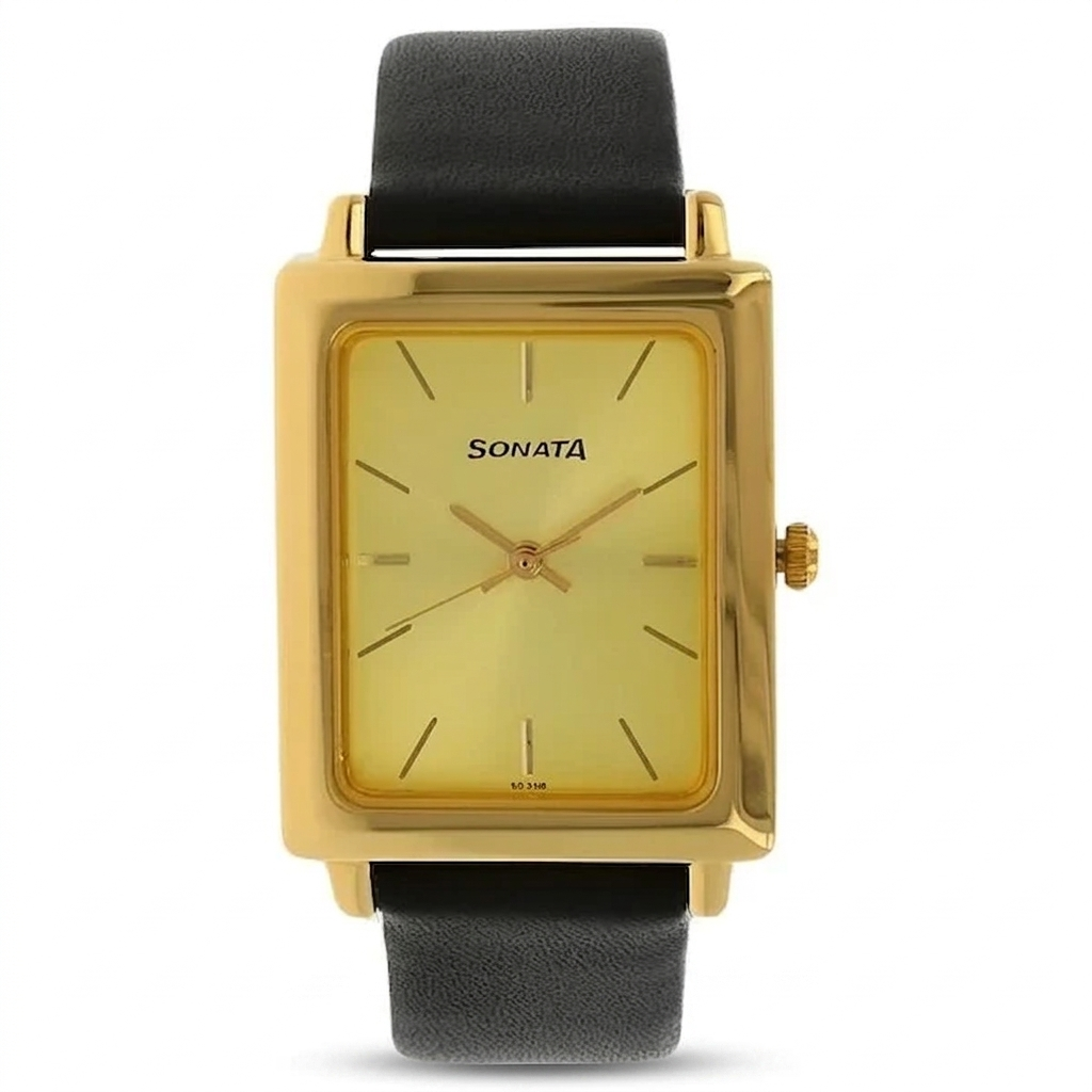 Sonata ND7078YL02 | Sonata Quartz Analog Champagne Dial Leather Strap Watch for Men