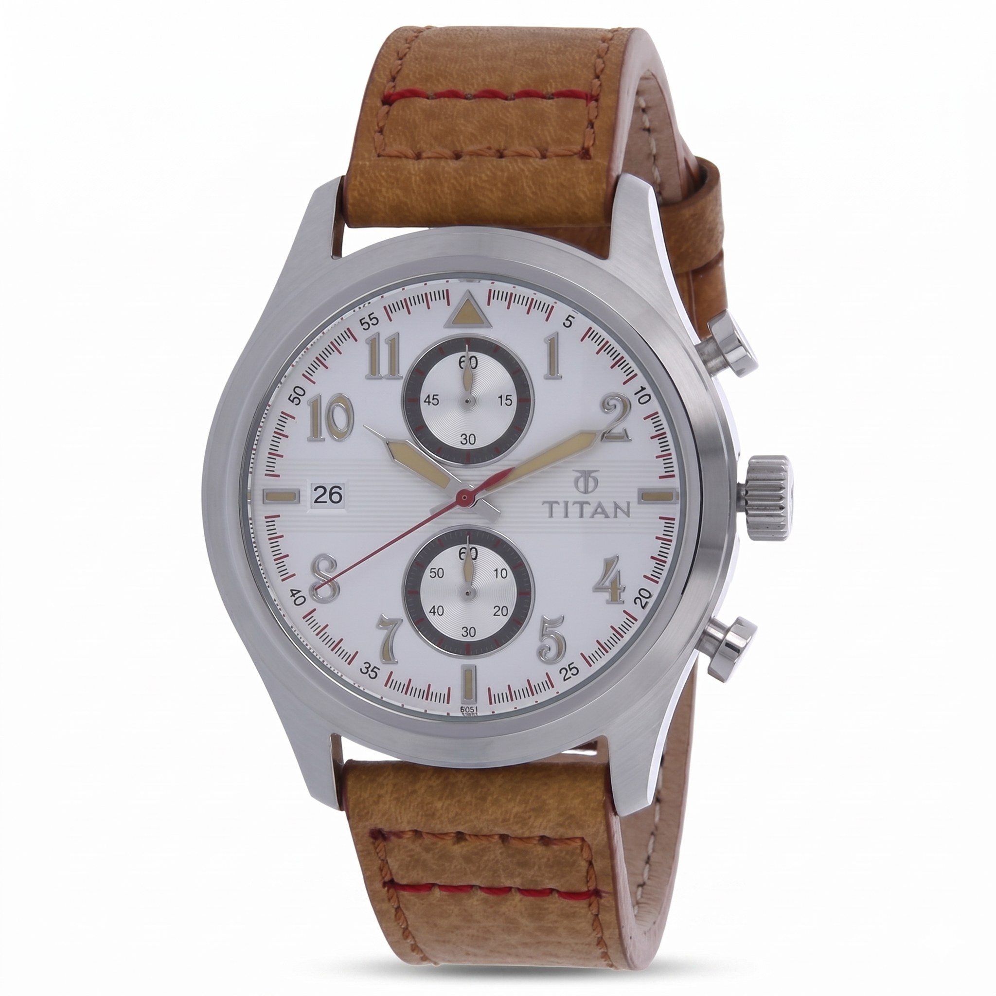 Titan 90052SL01J | Titan Quartz Chronograph Silver Dial Leather Strap Watch for Men