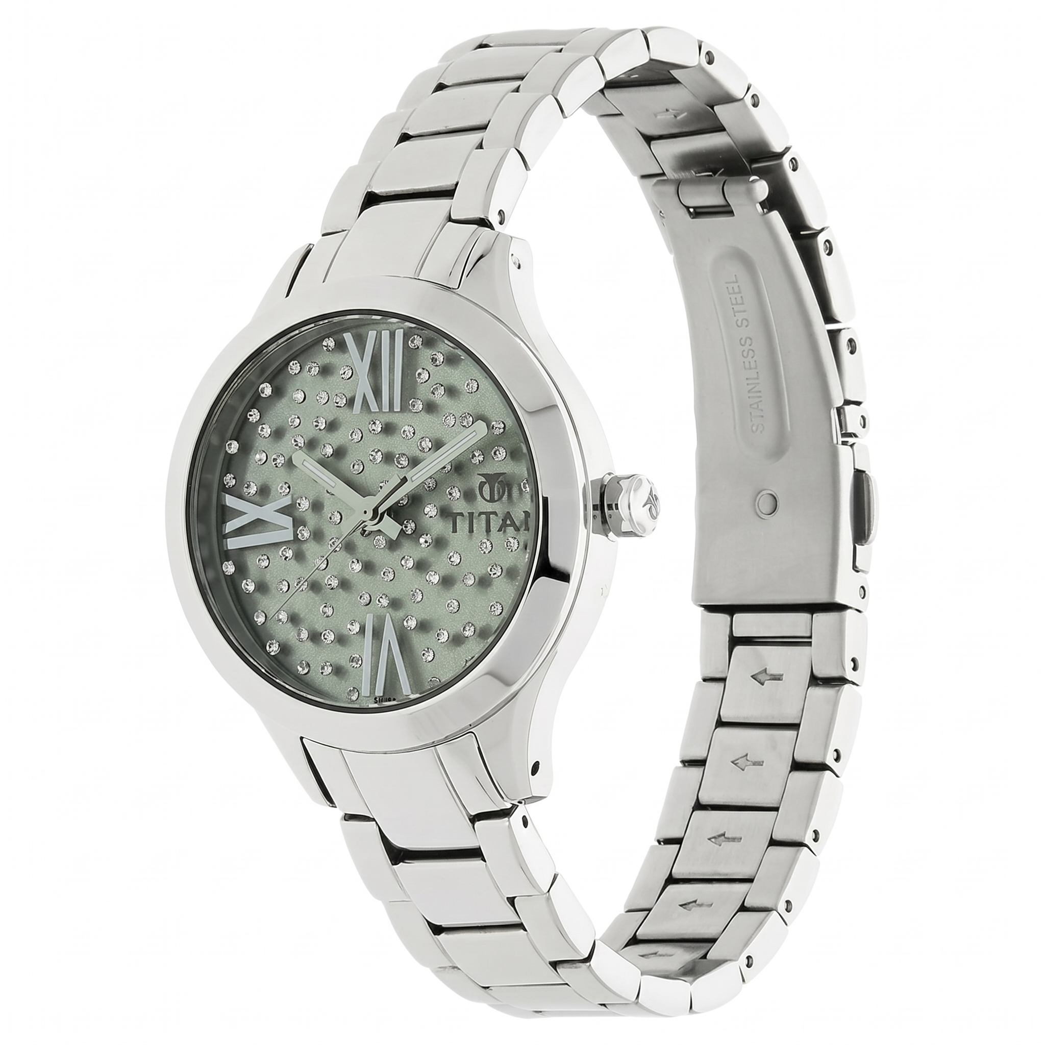 Titan 95027SM03J | Titan Quartz Analog Green Dial Stainless Steel Strap Watch for Women