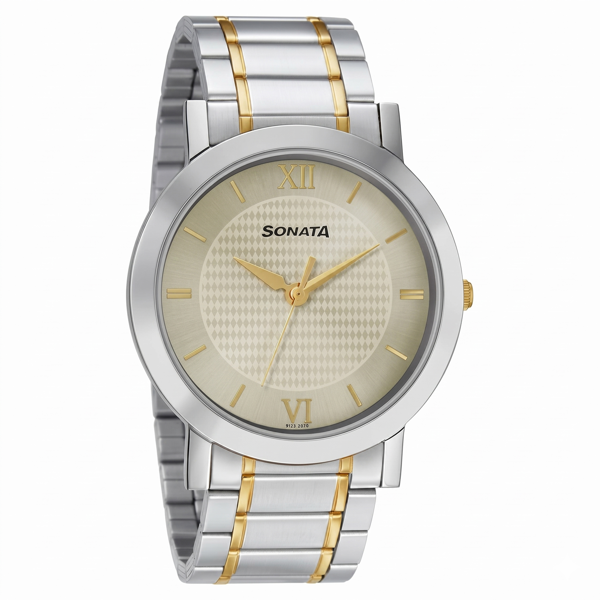Sonata NS77108BM01W | Sonata Quartz Analog Champagne Dial Stainless Steel Strap Watch for Men