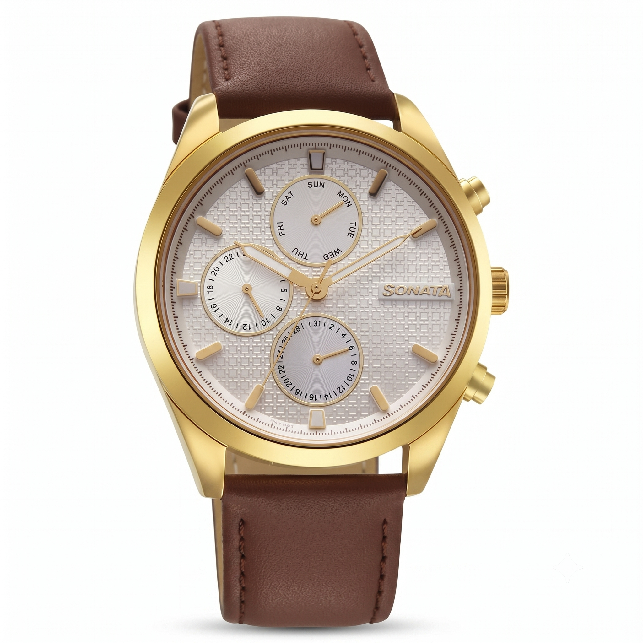 Sonata 7155YL01 | Sonata Magna Quartz Multifunction Silver Dial Brown Leather Strap Watch For Men